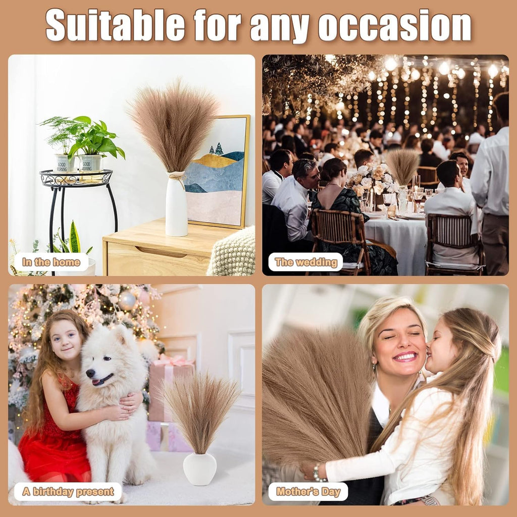 SATYAM KRAFT 3 Pcs Faux Pampas Grass Small Fluffy Artificial Flowers Fake Flower for Home, Office,Bedroom, Table Decoration and Craft Items Corner (Without Vase Pot) (Brown, Pack of 3)