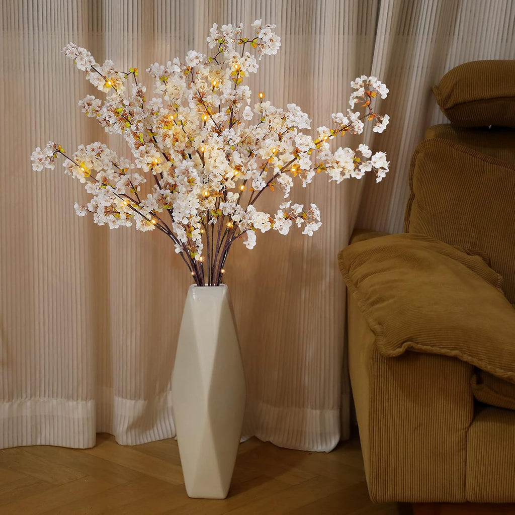 Sunm Boutique White Cherry Blossom Flowers, Artificial Cherry Blossom Decor Faux Cherry Blossom Branches Vase Arrangements for Wedding Home Party Kitchen Decor, Set of 3