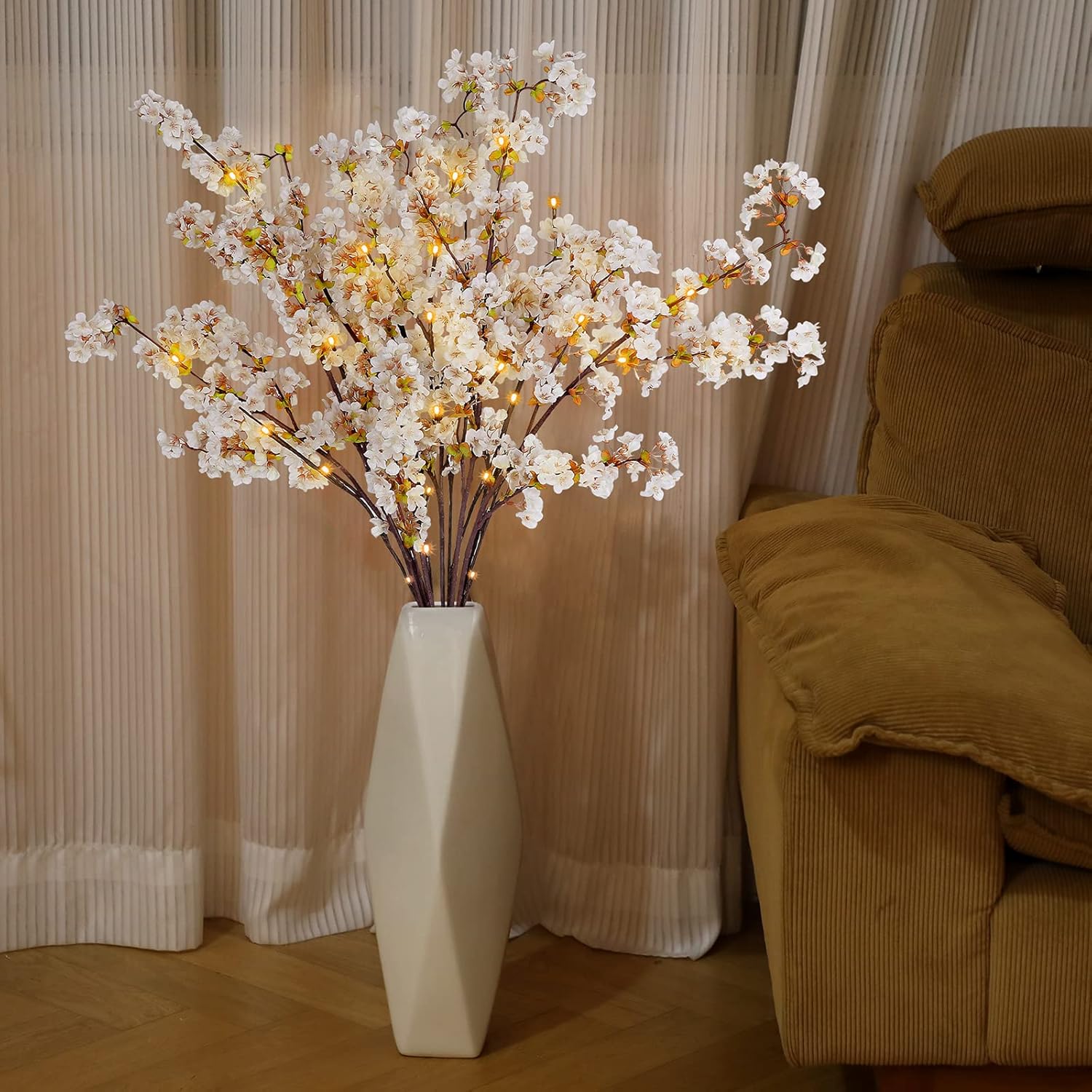 Sunm Boutique White Cherry Blossom Flowers, Artificial Cherry Blossom Decor Faux Cherry Blossom Branches Vase Arrangements for Wedding Home Party Kitchen Decor, Set of 3