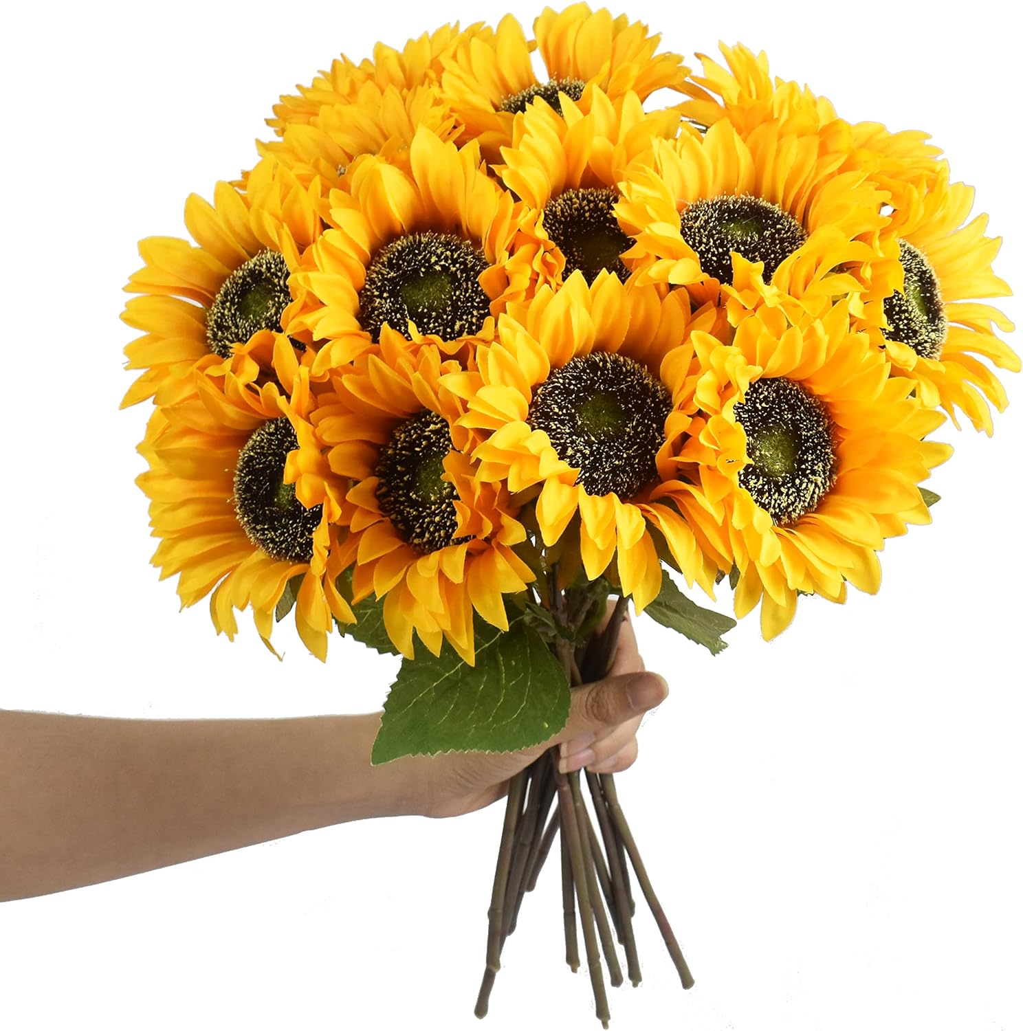 WISTART 8pcs Artificial Sunflower Flowers Long Stem Large Silk Sunflowers Bridal Wedding Bouquet Fake Yellow Flower Arrangements for Outdoor