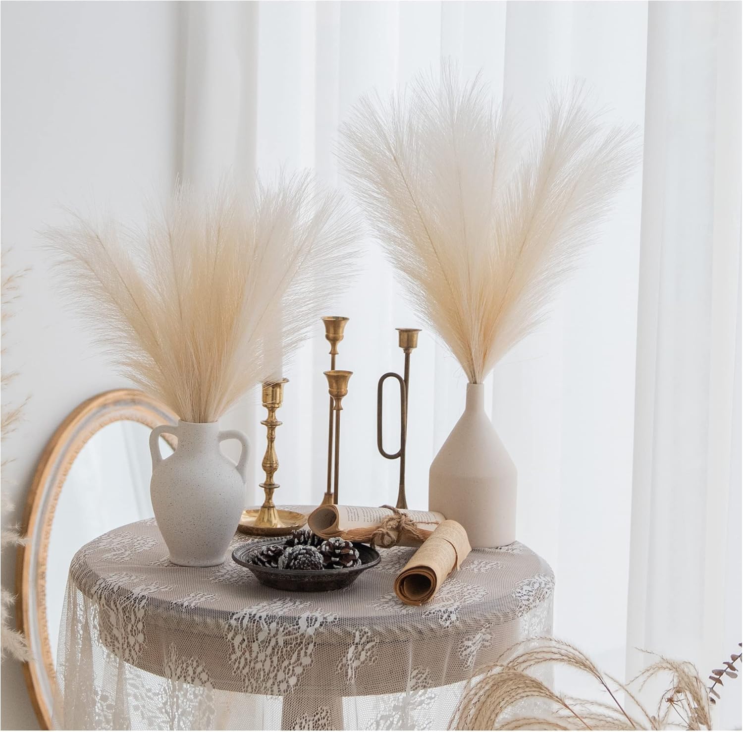 ChagoArt 6 Stems 17" Taupe Faux Pampas Grass - Boho Chic Rustic Artificial Plant