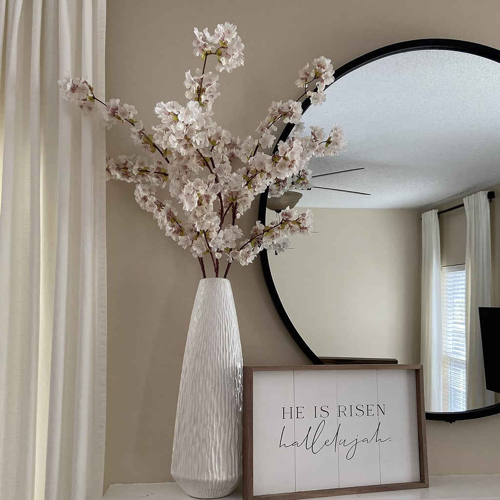 Sunm Boutique White Cherry Blossom Flowers, Artificial Cherry Blossom Decor Faux Cherry Blossom Branches Vase Arrangements for Wedding Home Party Kitchen Decor, Set of 3