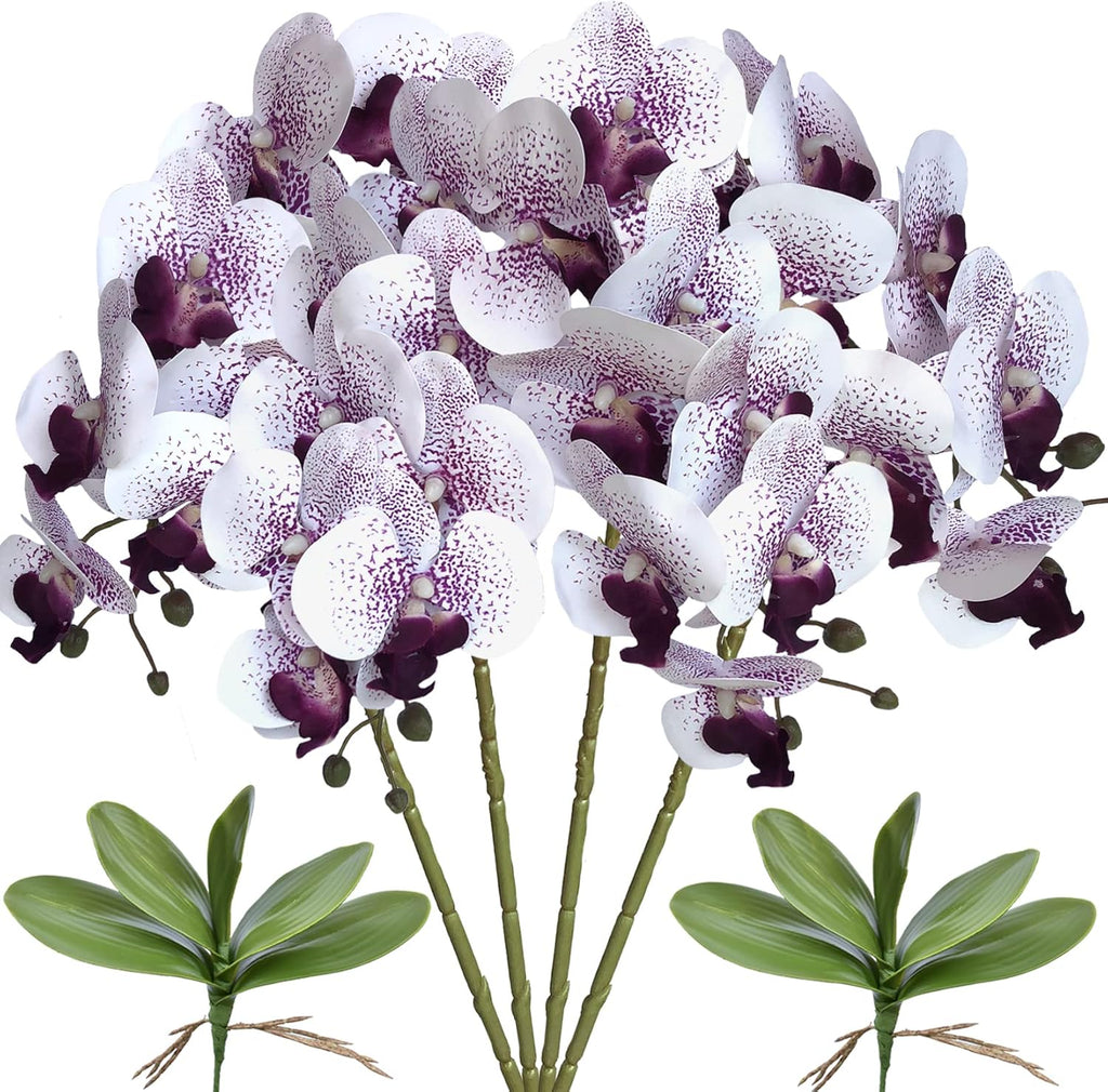 FagusHome 32 Inches Artificial Phalaenopsis Flowers 4 Pcs with 2 bundles Leaves Artificial Orchid Flowers Stem Plants for Home Décor (White)