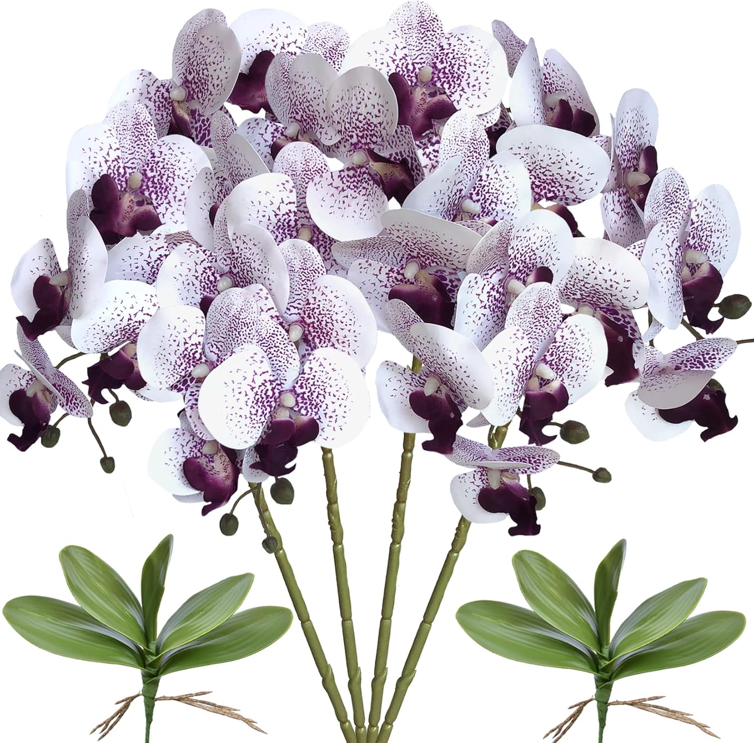 FagusHome 32 Inches Artificial Phalaenopsis Flowers 4 Pcs with 2 bundles Leaves Artificial Orchid Flowers Stem Plants for Home Décor (White)