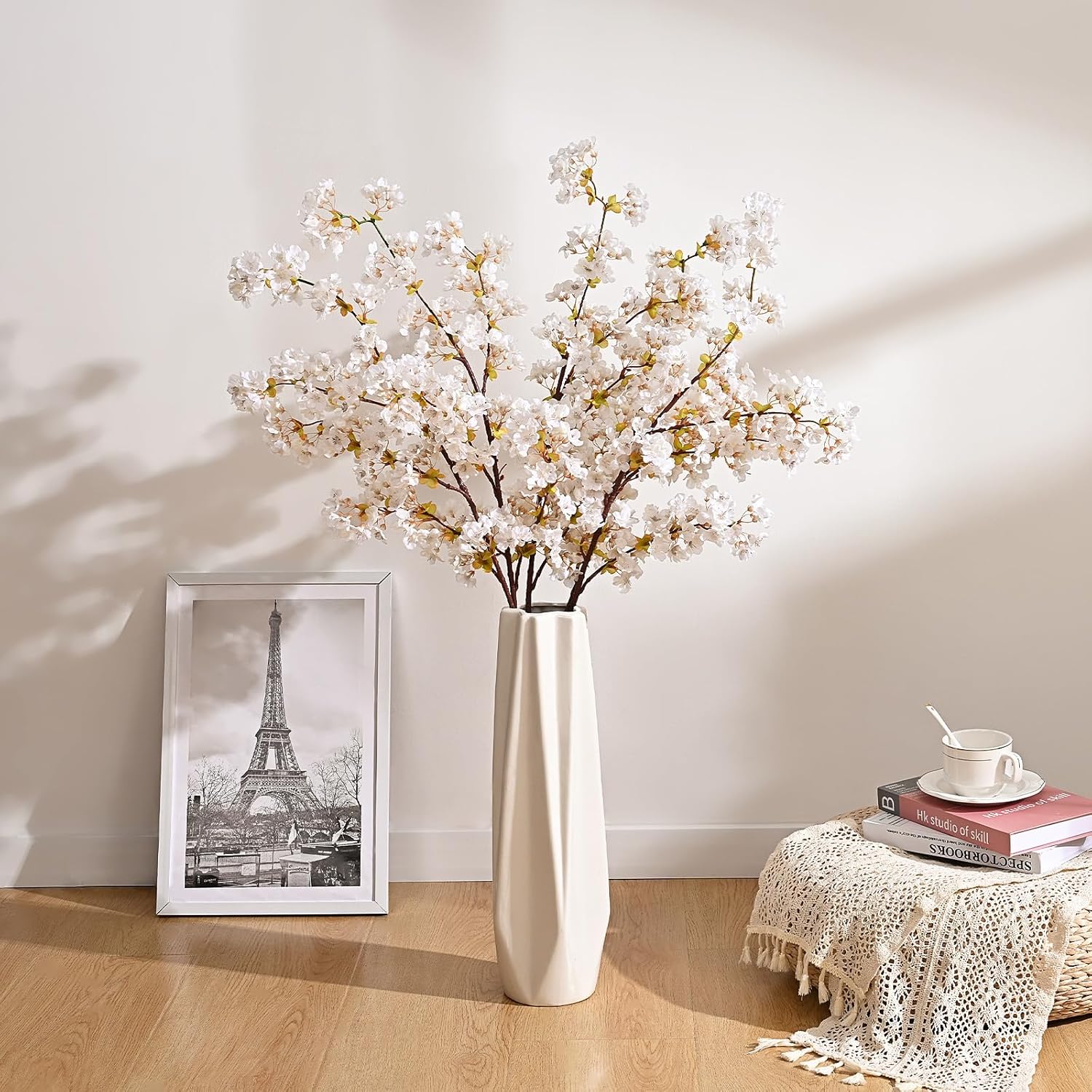 Sunm Boutique White Cherry Blossom Flowers, Artificial Cherry Blossom Decor Faux Cherry Blossom Branches Vase Arrangements for Wedding Home Party Kitchen Decor, Set of 3