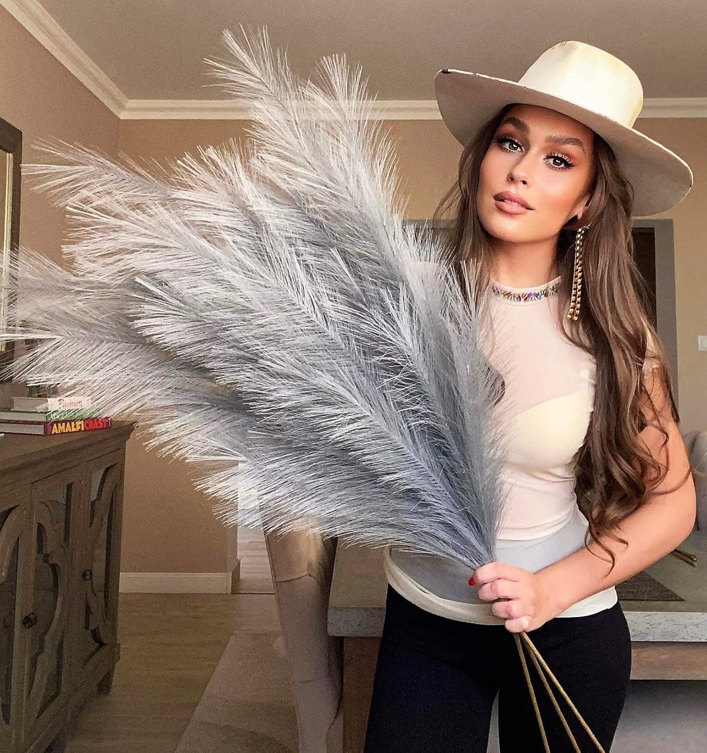 VOULUX Extra Large Tall Blue Fake Faux Artificial Pampas Grass Large Fluffy x3 115cm Stems x18 Decorative Artificial Flora Feathers For Floor Vases Tall Blue Plant Flowers Long Pampas Grass