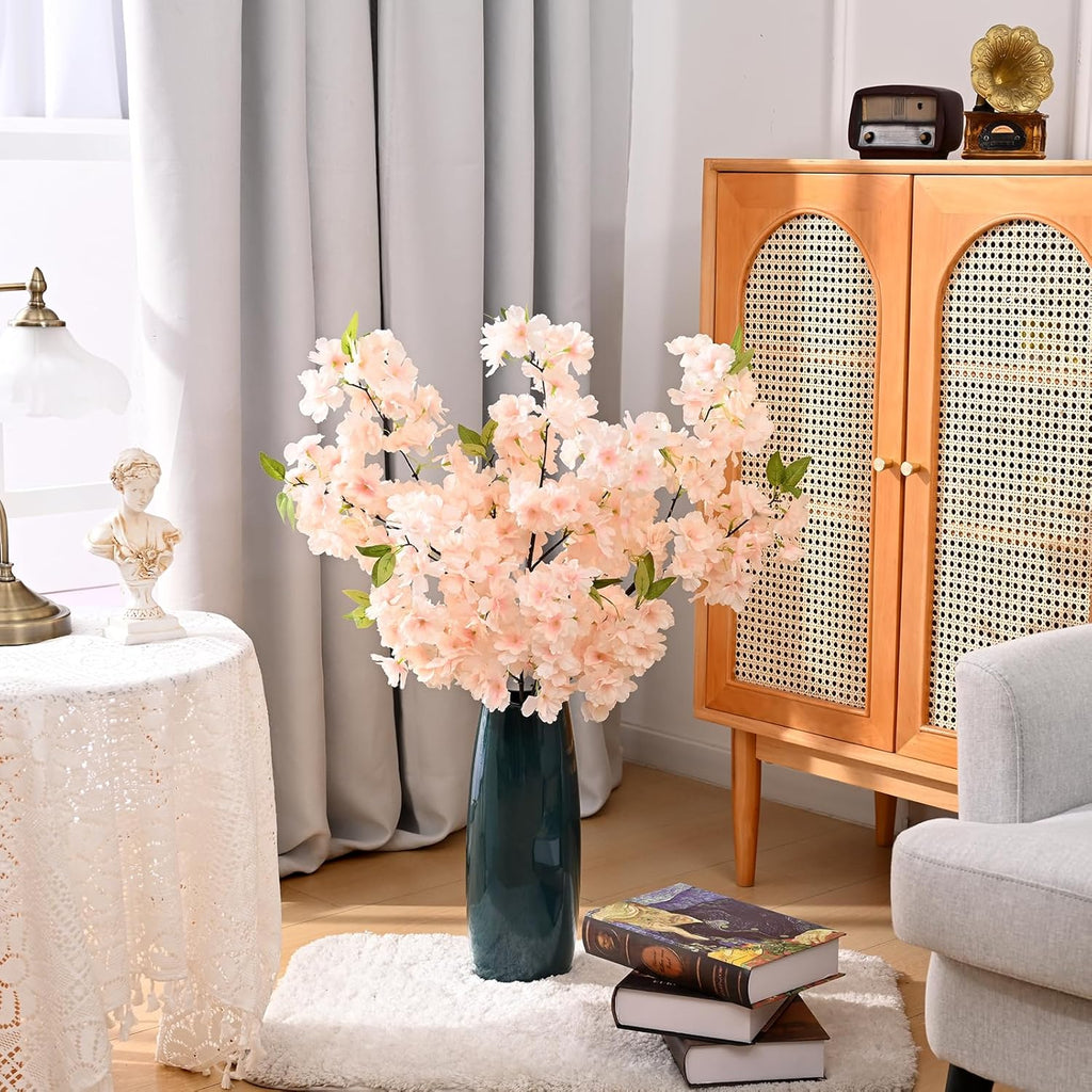 Sunm Boutique White Cherry Blossom Flowers, Artificial Cherry Blossom Decor Faux Cherry Blossom Branches Vase Arrangements for Wedding Home Party Kitchen Decor, Set of 3