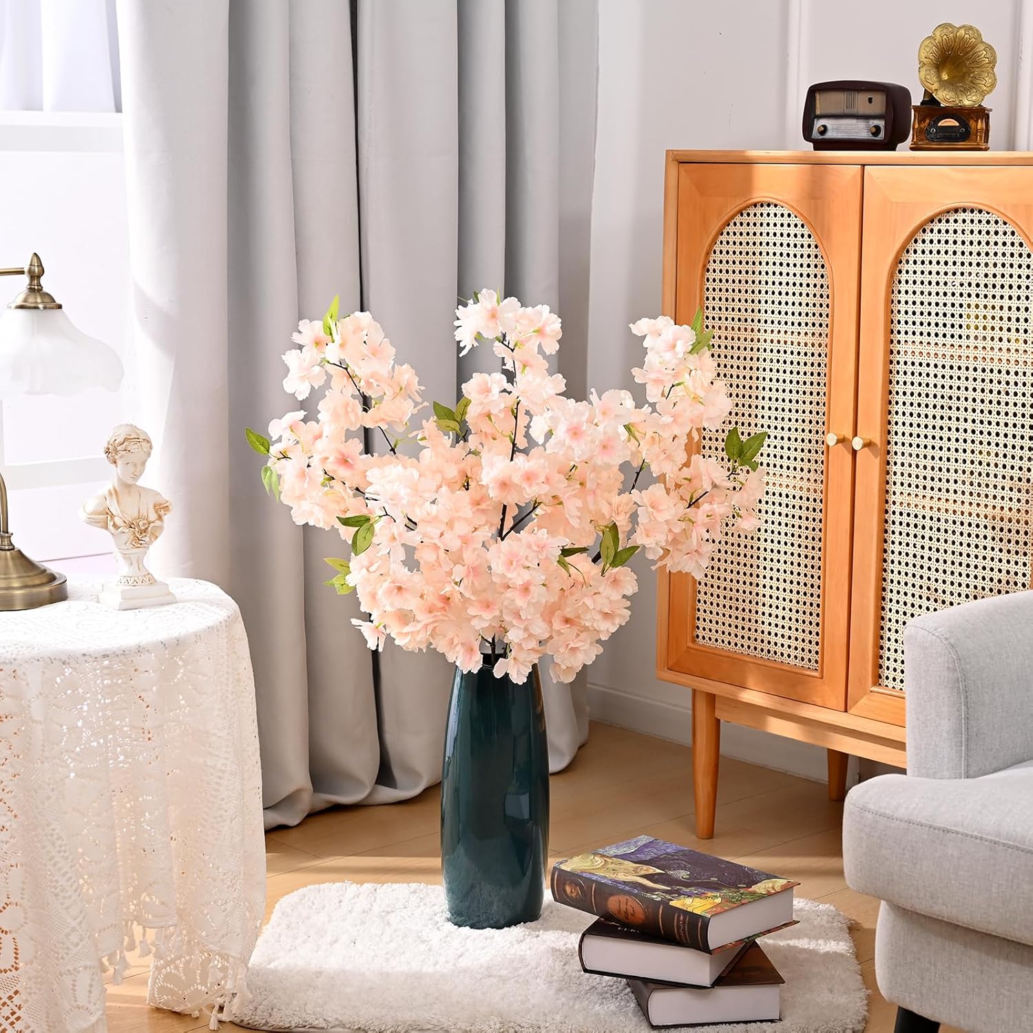 Sunm Boutique White Cherry Blossom Flowers, Artificial Cherry Blossom Decor Faux Cherry Blossom Branches Vase Arrangements for Wedding Home Party Kitchen Decor, Set of 3