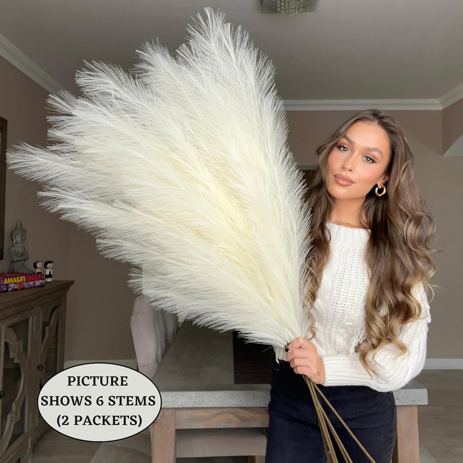VOULUX Extra Large Tall Blue Fake Faux Artificial Pampas Grass Large Fluffy x3 115cm Stems x18 Decorative Artificial Flora Feathers For Floor Vases Tall Blue Plant Flowers Long Pampas Grass