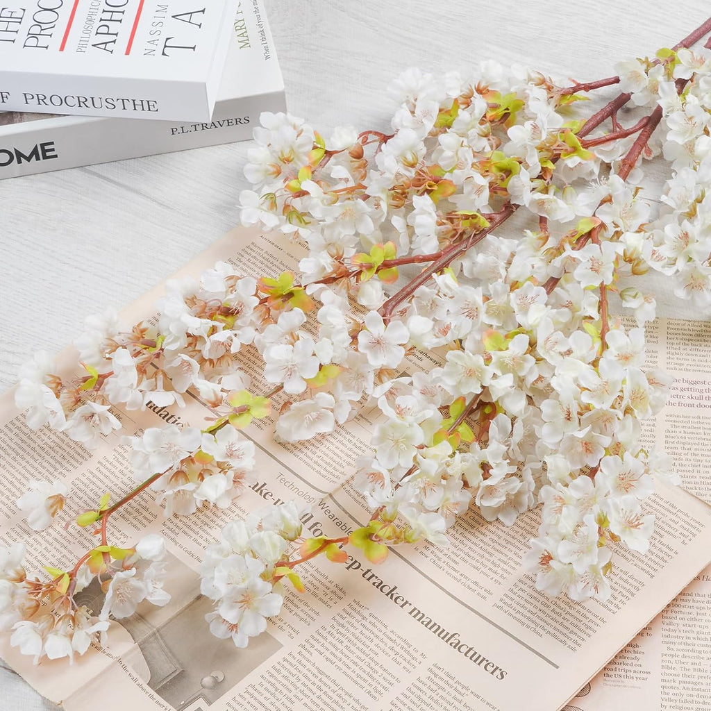 Sunm Boutique White Cherry Blossom Flowers, Artificial Cherry Blossom Decor Faux Cherry Blossom Branches Vase Arrangements for Wedding Home Party Kitchen Decor, Set of 3