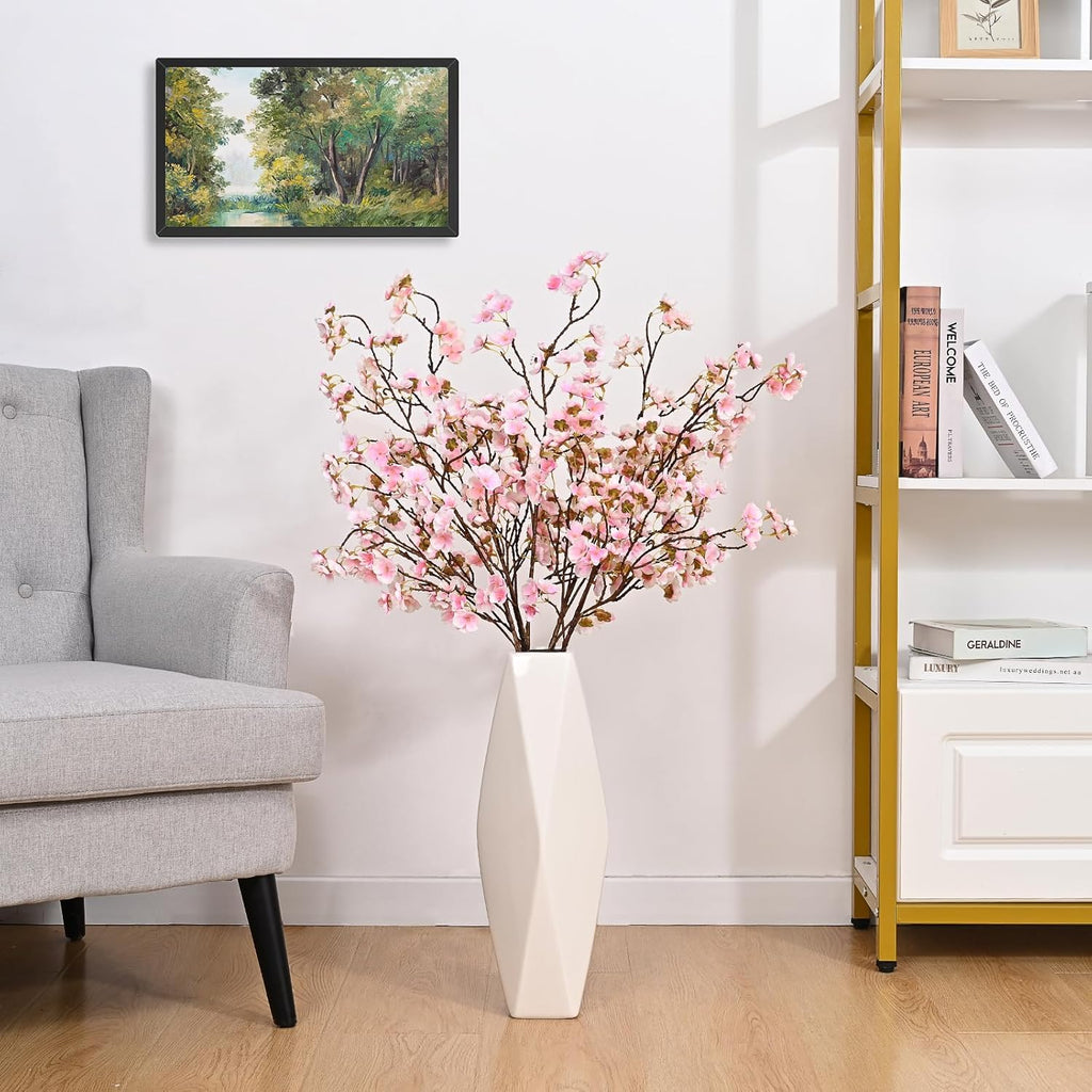 Sunm Boutique White Cherry Blossom Flowers, Artificial Cherry Blossom Decor Faux Cherry Blossom Branches Vase Arrangements for Wedding Home Party Kitchen Decor, Set of 3