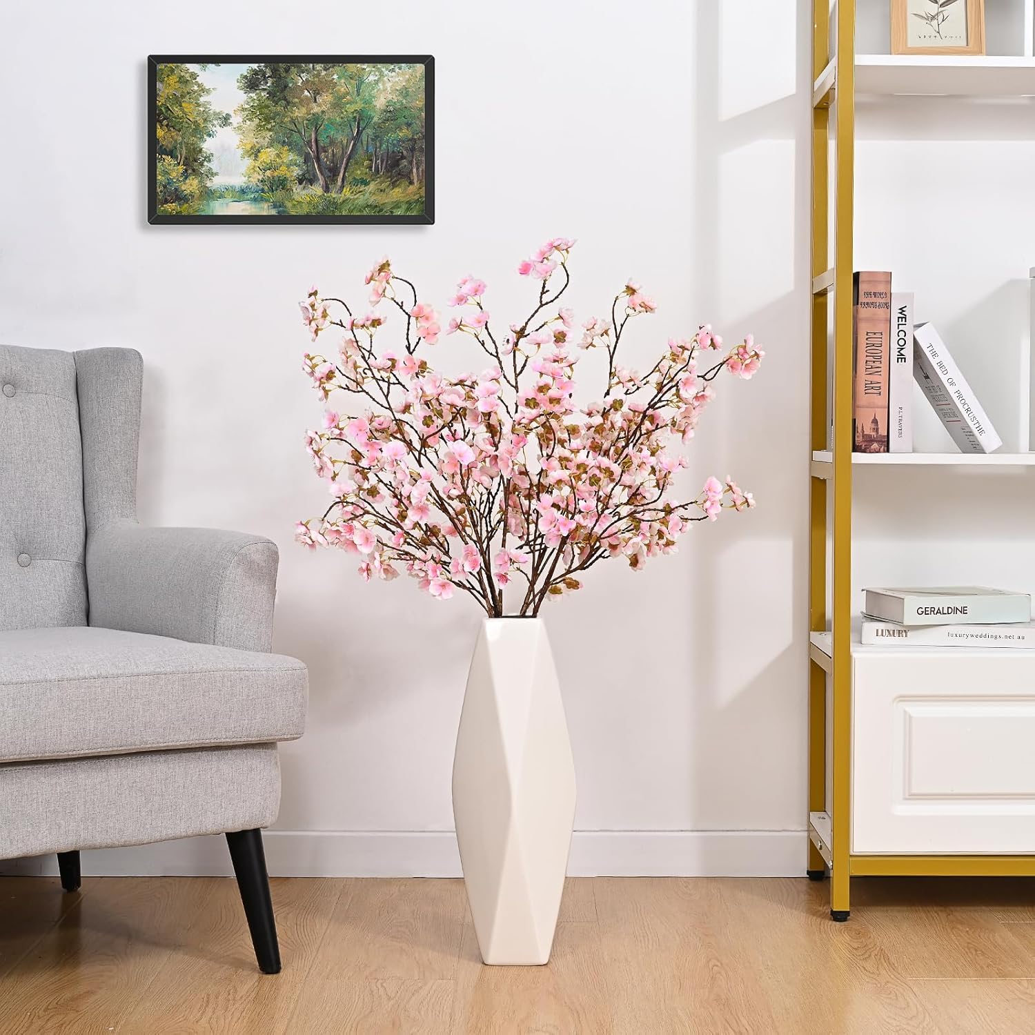 Sunm Boutique White Cherry Blossom Flowers, Artificial Cherry Blossom Decor Faux Cherry Blossom Branches Vase Arrangements for Wedding Home Party Kitchen Decor, Set of 3