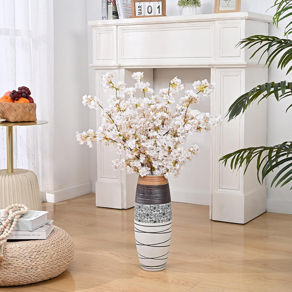 Sunm Boutique White Cherry Blossom Flowers, Artificial Cherry Blossom Decor Faux Cherry Blossom Branches Vase Arrangements for Wedding Home Party Kitchen Decor, Set of 3