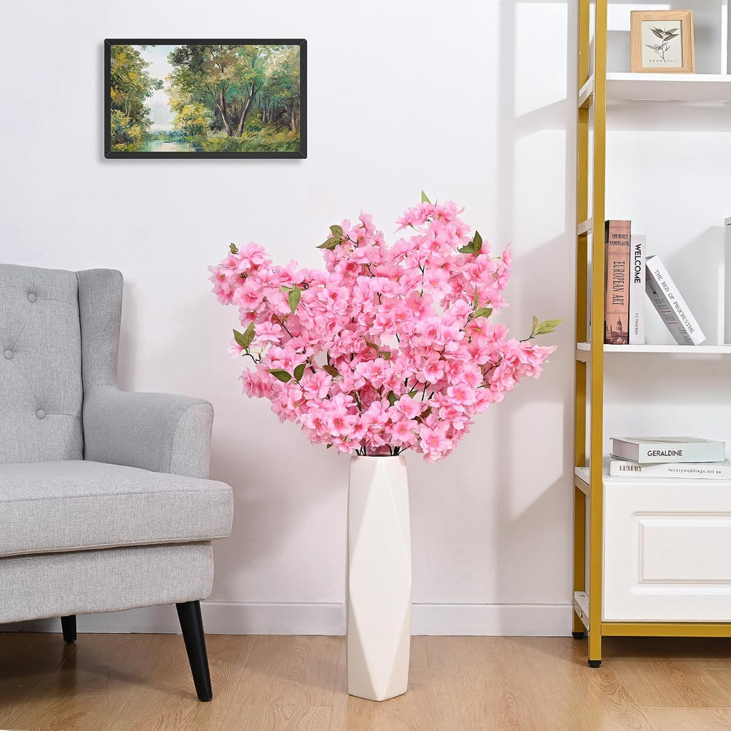 Sunm Boutique White Cherry Blossom Flowers, Artificial Cherry Blossom Decor Faux Cherry Blossom Branches Vase Arrangements for Wedding Home Party Kitchen Decor, Set of 3