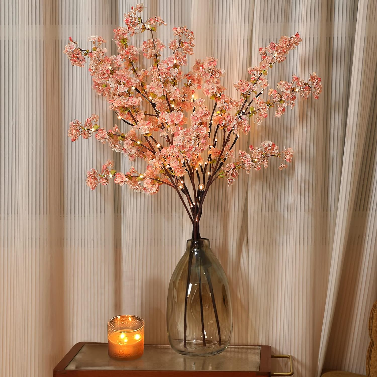 Sunm Boutique White Cherry Blossom Flowers, Artificial Cherry Blossom Decor Faux Cherry Blossom Branches Vase Arrangements for Wedding Home Party Kitchen Decor, Set of 3