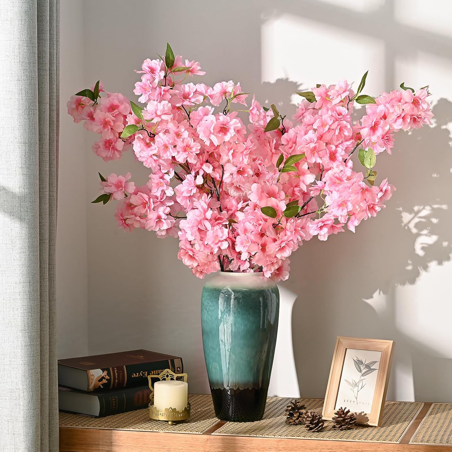 Sunm Boutique White Cherry Blossom Flowers, Artificial Cherry Blossom Decor Faux Cherry Blossom Branches Vase Arrangements for Wedding Home Party Kitchen Decor, Set of 3