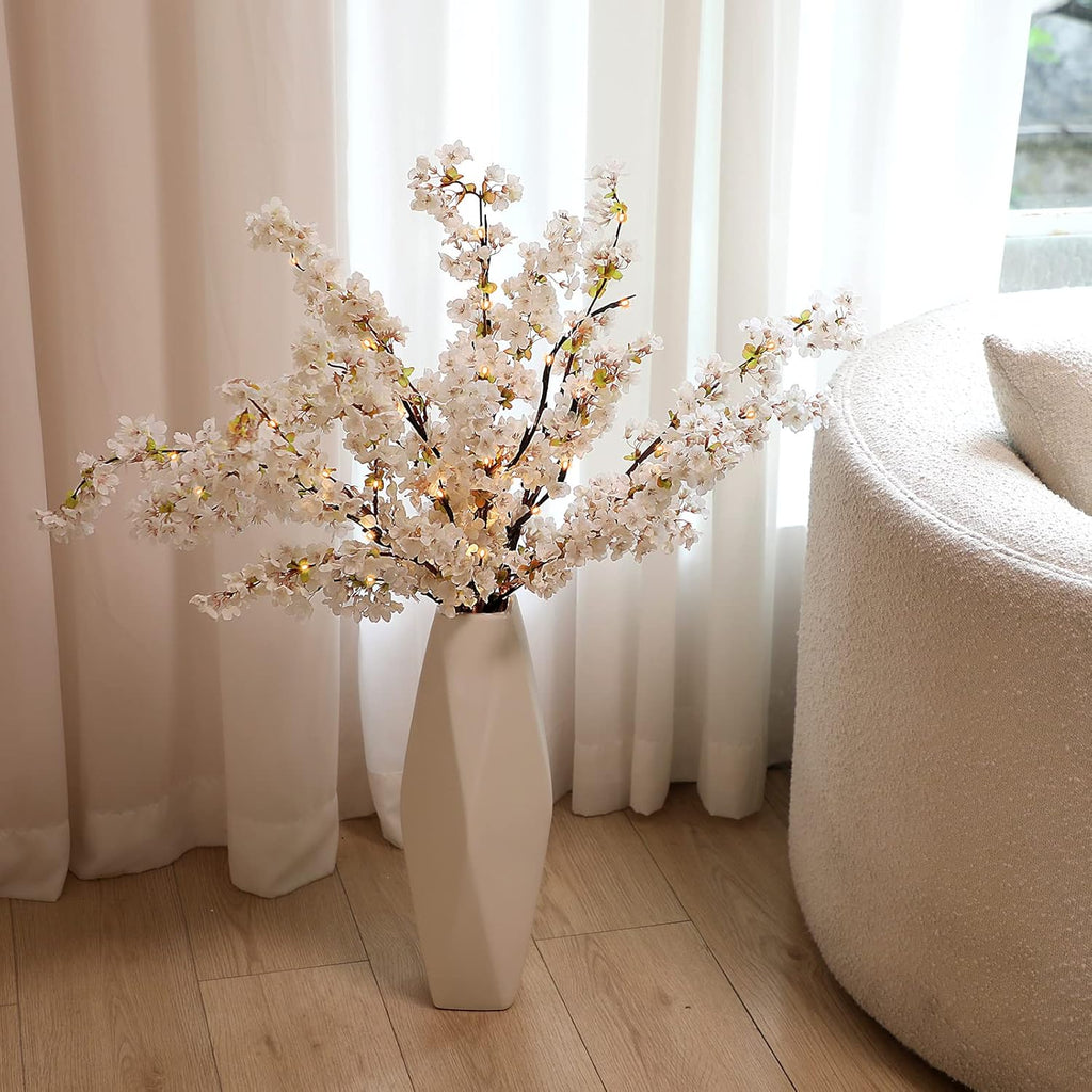 Sunm Boutique White Cherry Blossom Flowers, Artificial Cherry Blossom Decor Faux Cherry Blossom Branches Vase Arrangements for Wedding Home Party Kitchen Decor, Set of 3