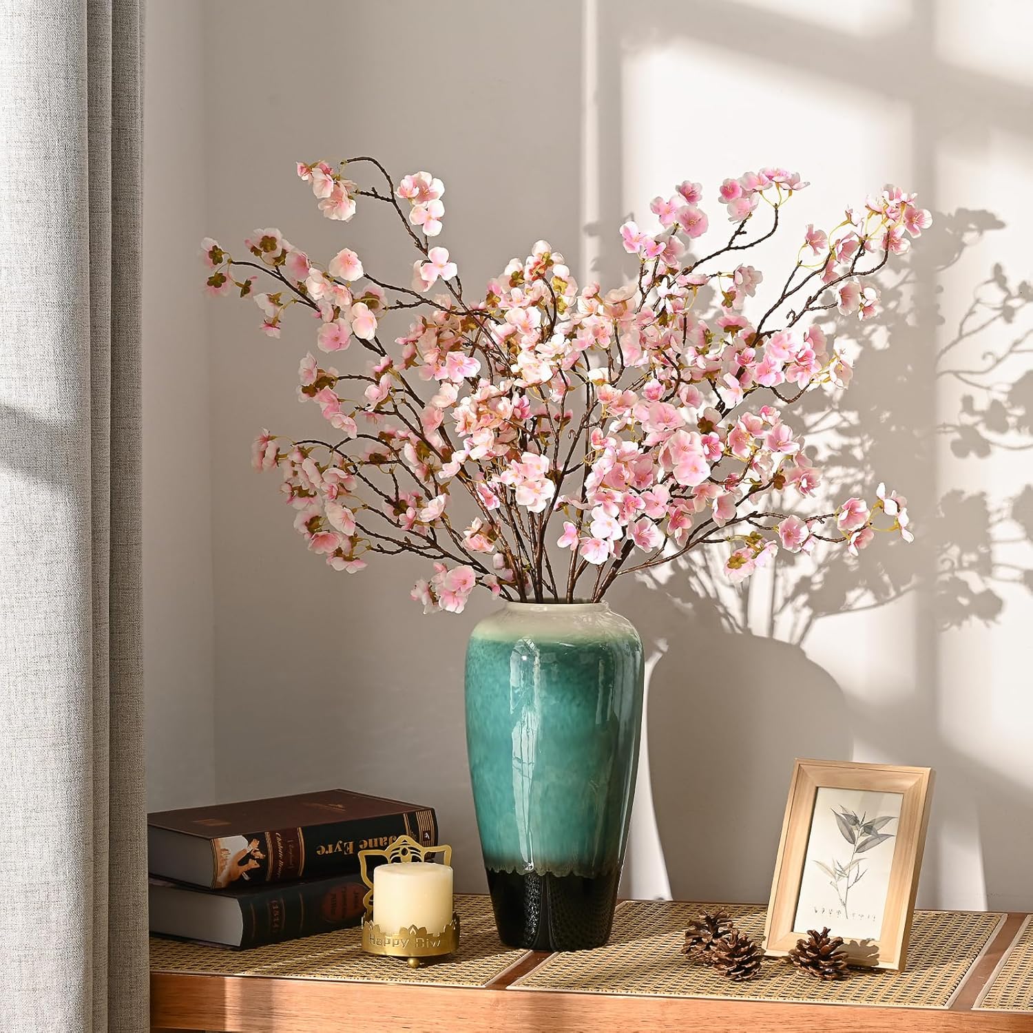 Sunm Boutique White Cherry Blossom Flowers, Artificial Cherry Blossom Decor Faux Cherry Blossom Branches Vase Arrangements for Wedding Home Party Kitchen Decor, Set of 3