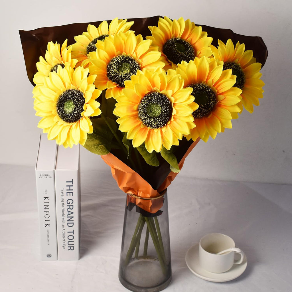 WISTART 8pcs Artificial Sunflower Flowers Long Stem Large Silk Sunflowers Bridal Wedding Bouquet Fake Yellow Flower Arrangements for Outdoor