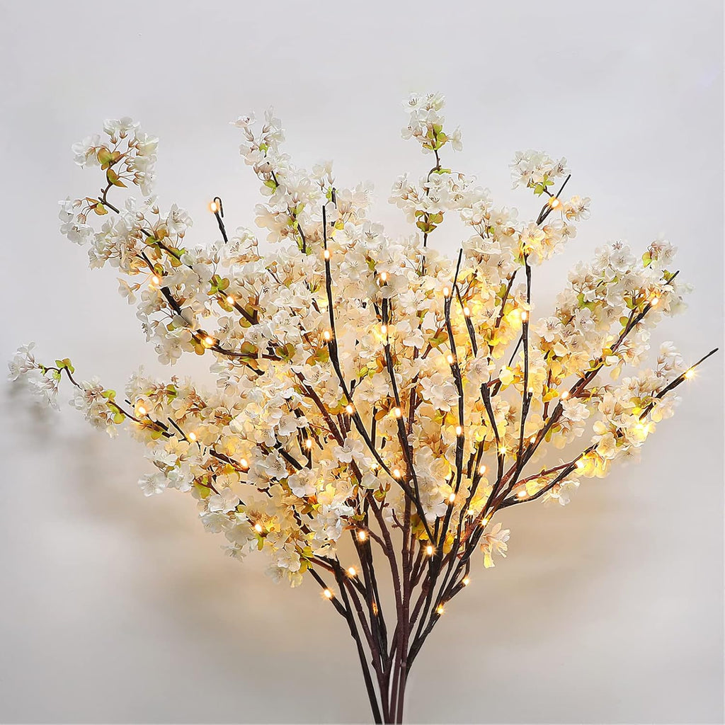 Sunm Boutique White Cherry Blossom Flowers, Artificial Cherry Blossom Decor Faux Cherry Blossom Branches Vase Arrangements for Wedding Home Party Kitchen Decor, Set of 3