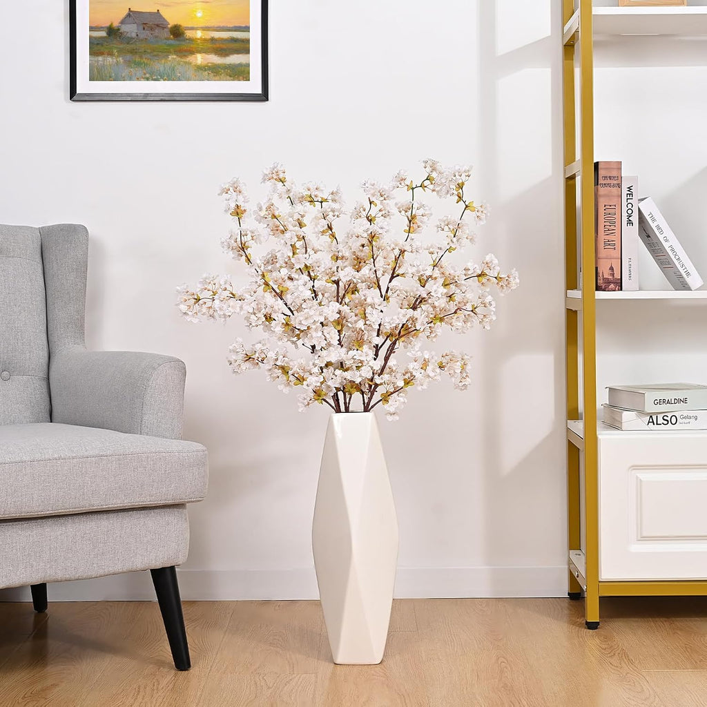 Sunm Boutique White Cherry Blossom Flowers, Artificial Cherry Blossom Decor Faux Cherry Blossom Branches Vase Arrangements for Wedding Home Party Kitchen Decor, Set of 3