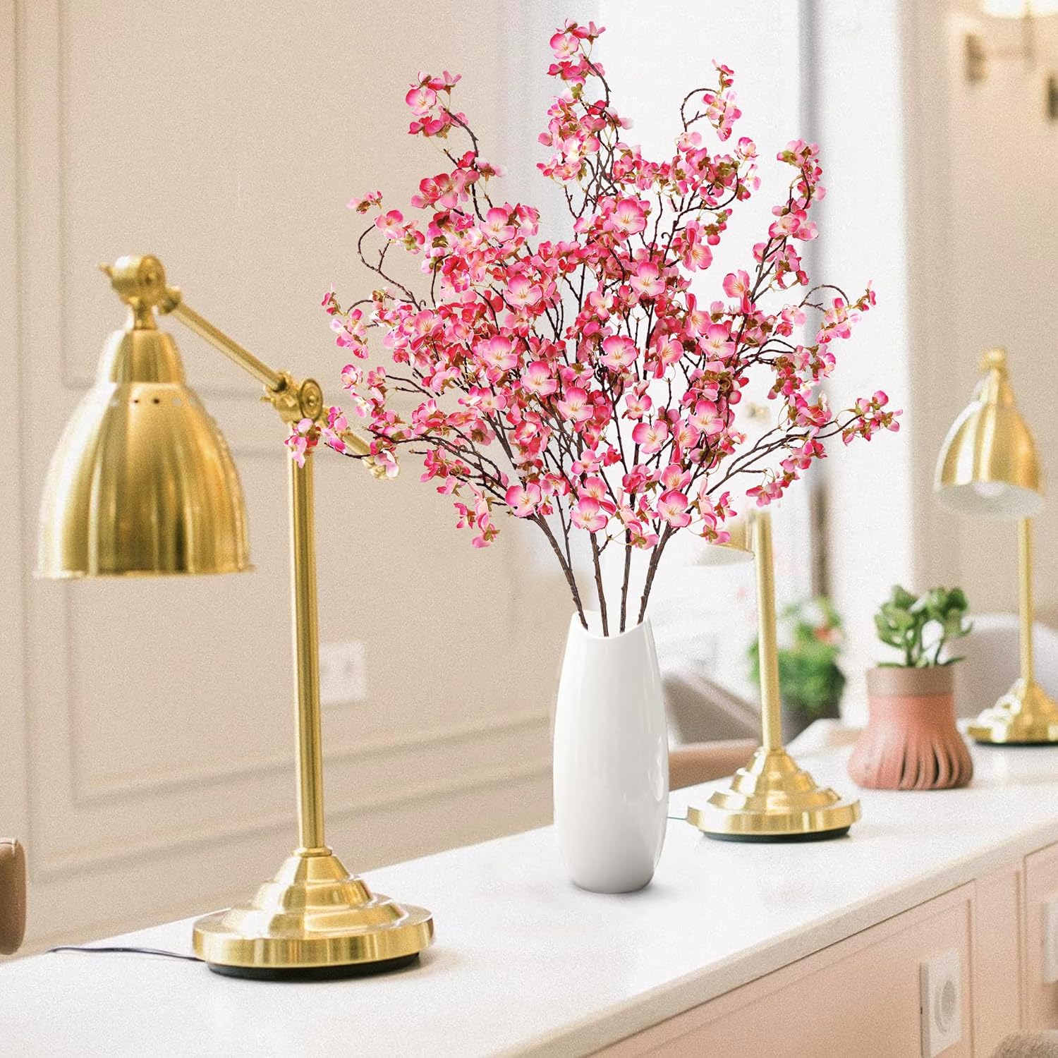 Sggvecsy Artificial Cherry Blossom Flowers 4 Pcs Faux Cherry Blossom Stems Faux Silk Cherry Blossom Branches 41’’ Fake Flowers Long Stems for Vase Arrangements Home Wedding Table Decor (Pink)
