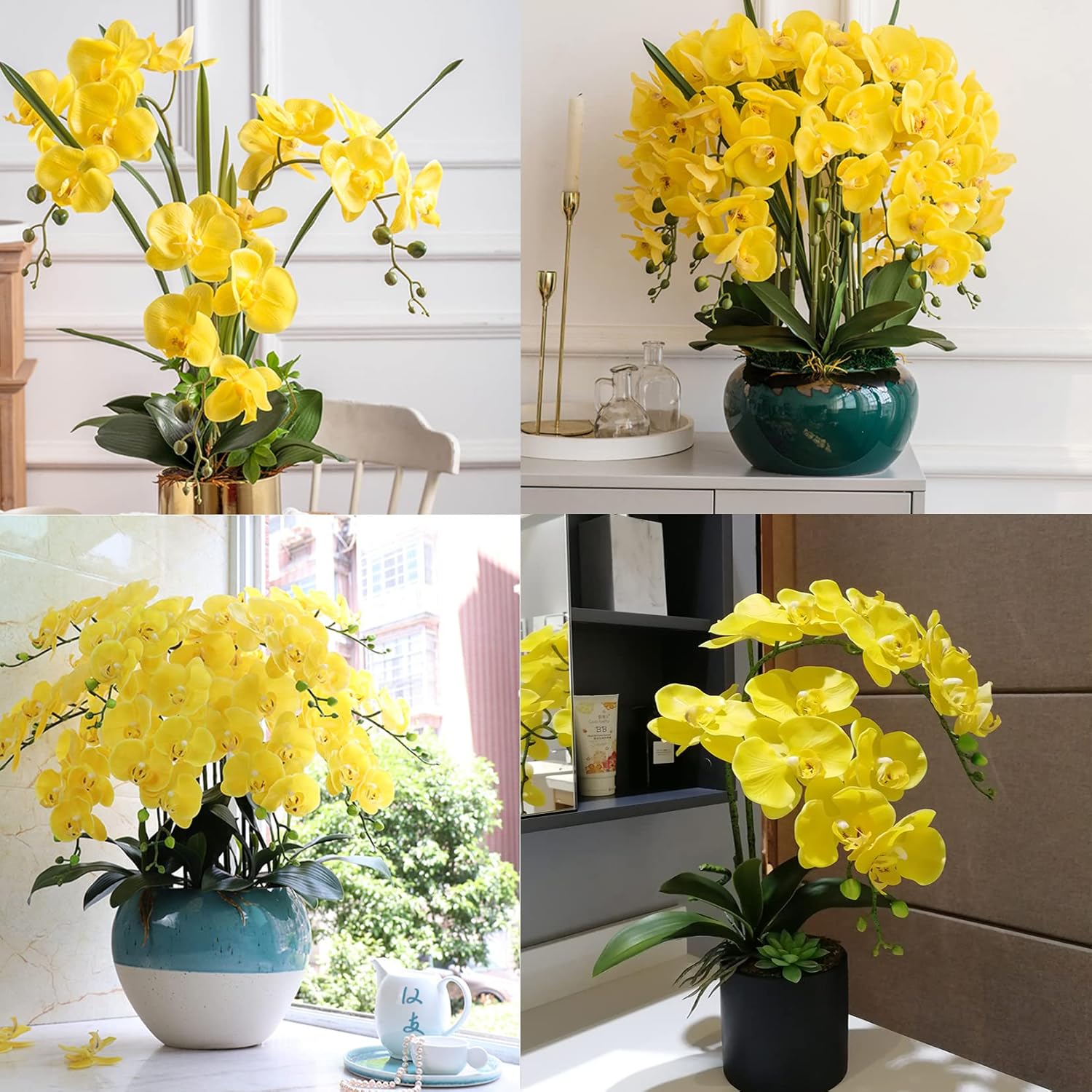 FagusHome 32" Artificial Phalaenopsis Flowers 6 Pcs with 4 Bundles Leaves Artificial Orchid Flowers Stem Plants for Home Décor (6Pcs)