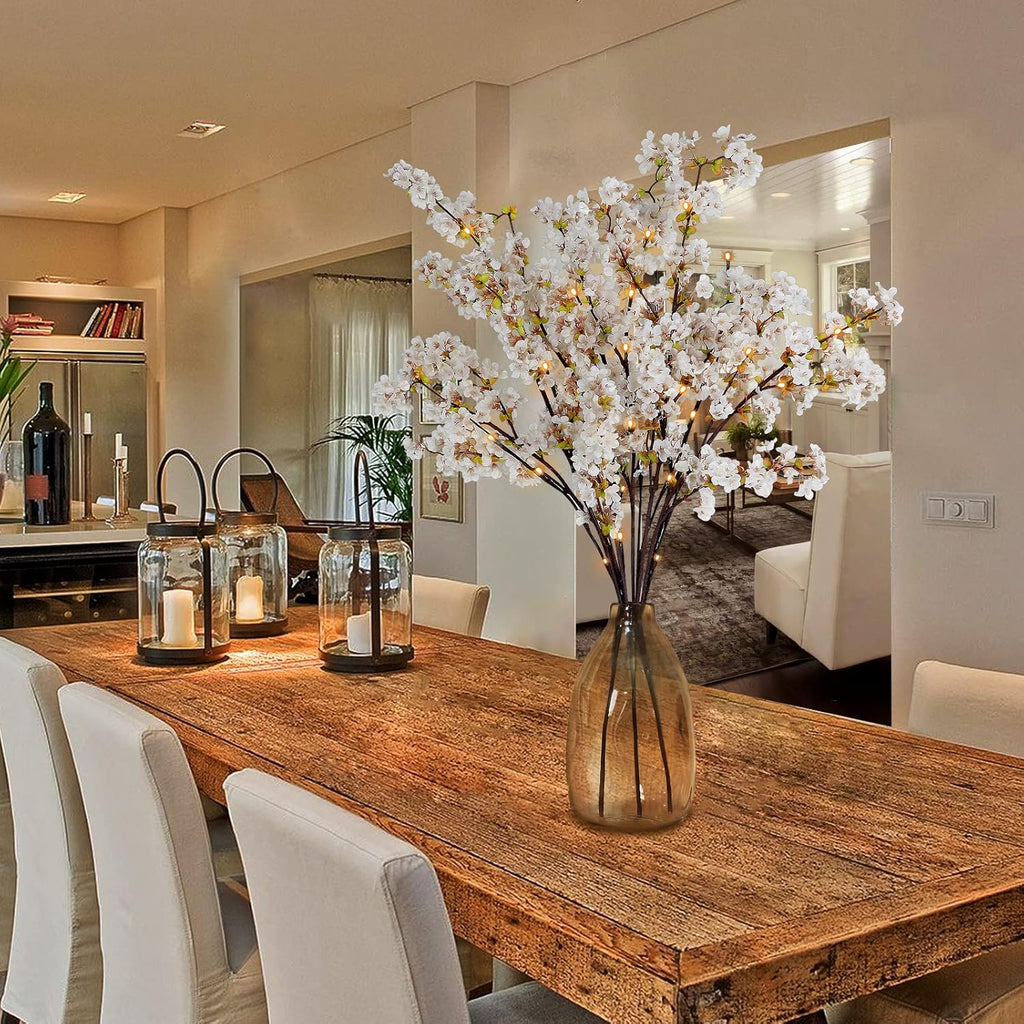 Sunm Boutique White Cherry Blossom Flowers, Artificial Cherry Blossom Decor Faux Cherry Blossom Branches Vase Arrangements for Wedding Home Party Kitchen Decor, Set of 3