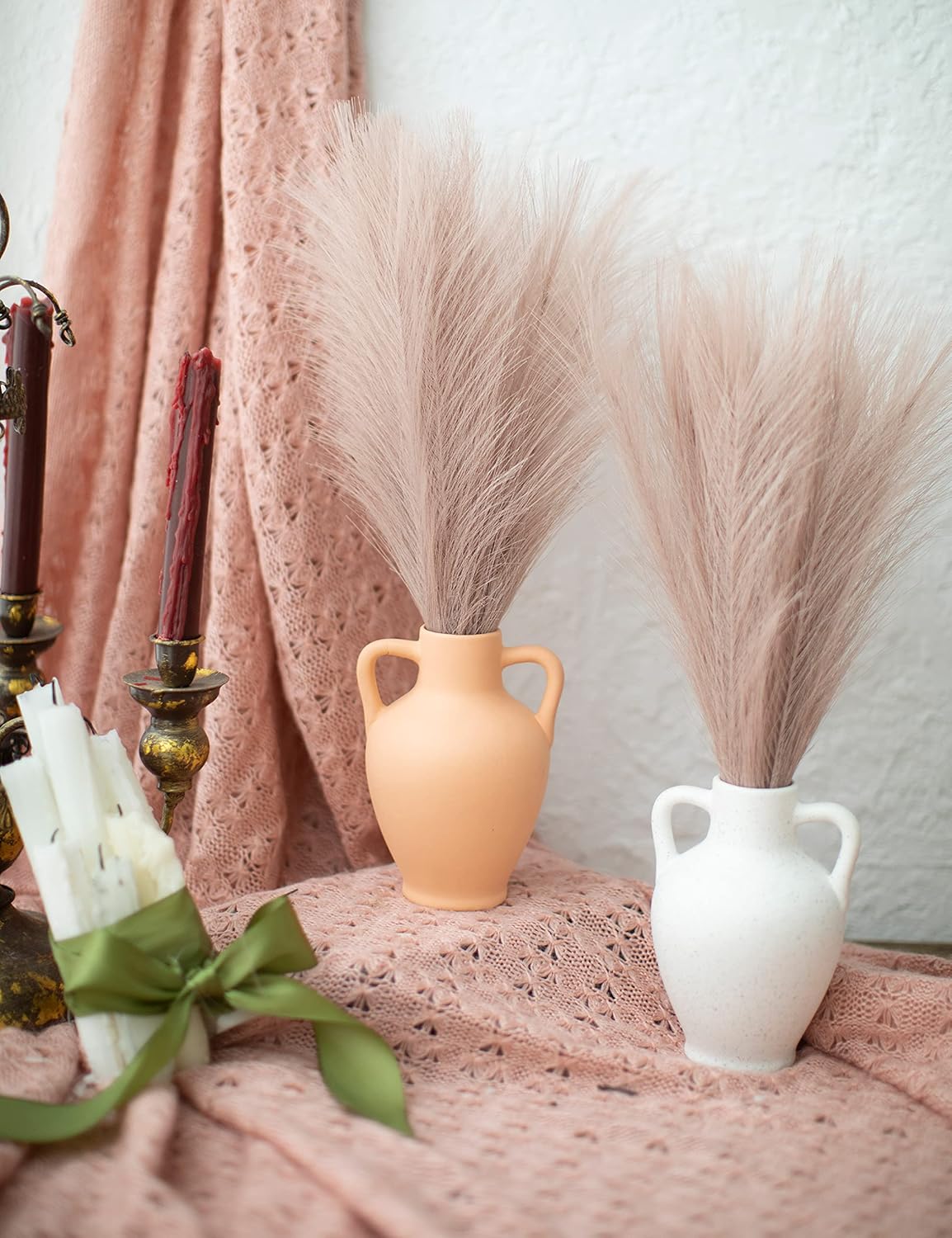 ChagoArt 6 Stems 17" Taupe Faux Pampas Grass - Boho Chic Rustic Artificial Plant