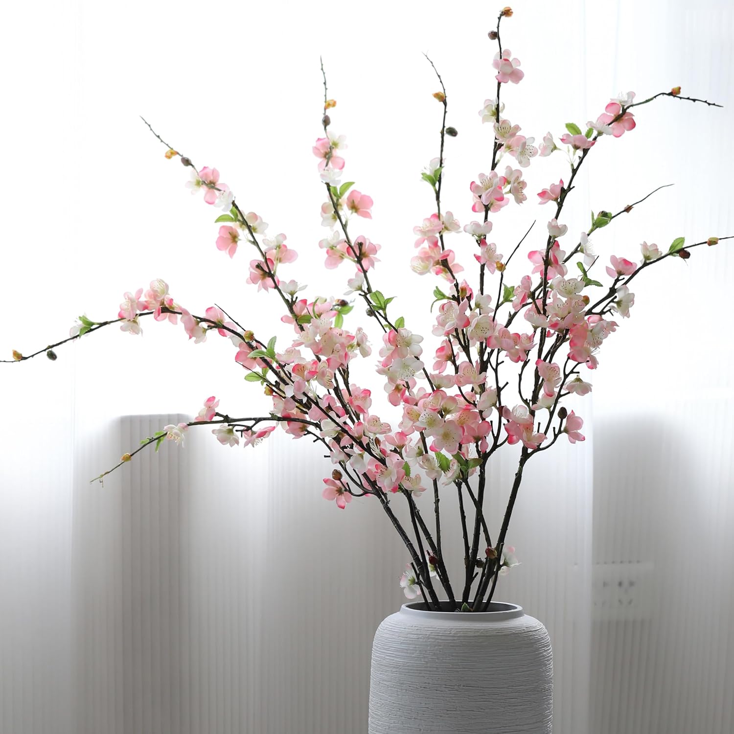 florisso Cherry Blossom Branches, Faux Peach Blossom Flowers, Artificial Plum Branches Real Touch Silk for Party Home Decor Wedding Arrangements (4PCS, White, 41")