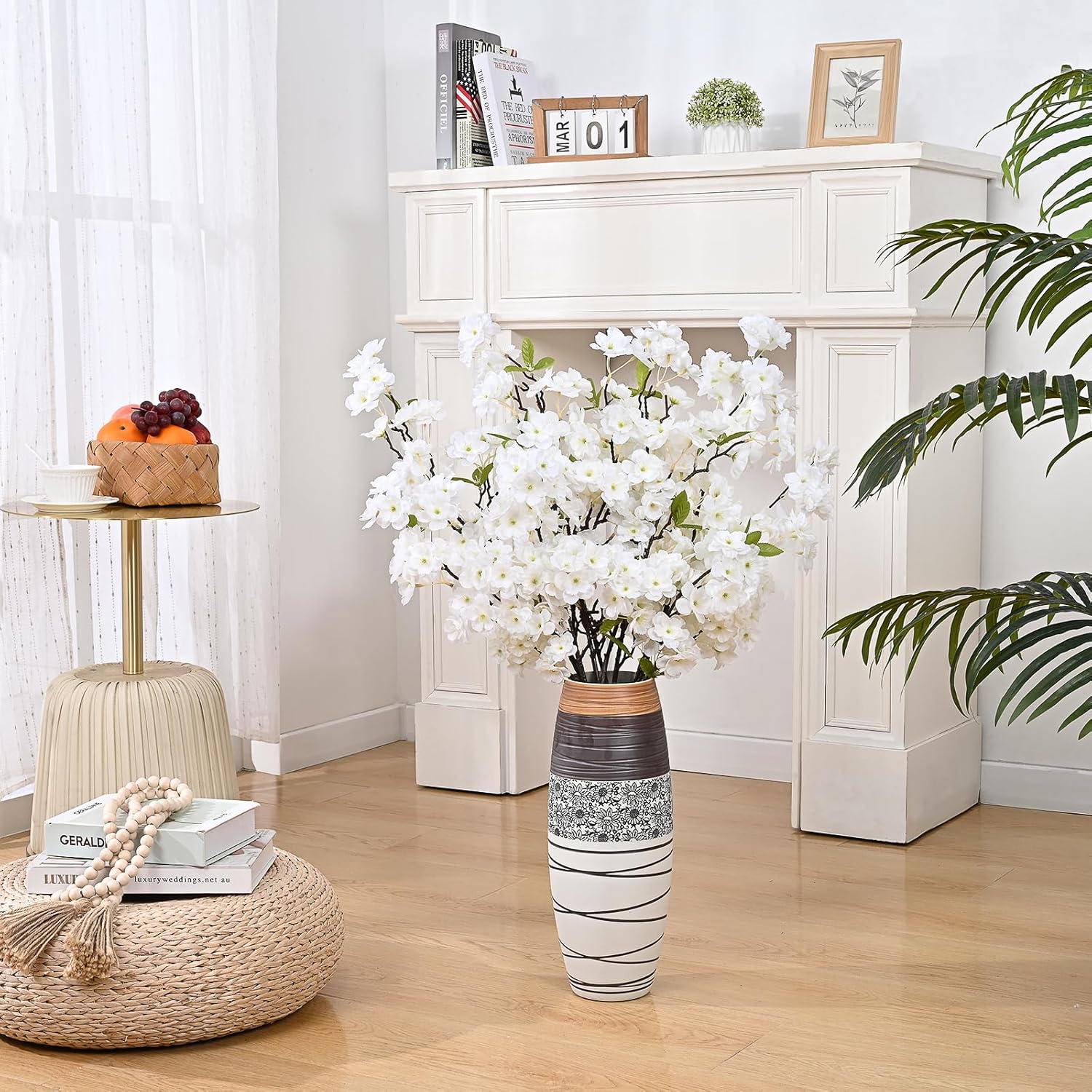 Sunm Boutique White Cherry Blossom Flowers, Artificial Cherry Blossom Decor Faux Cherry Blossom Branches Vase Arrangements for Wedding Home Party Kitchen Decor, Set of 3