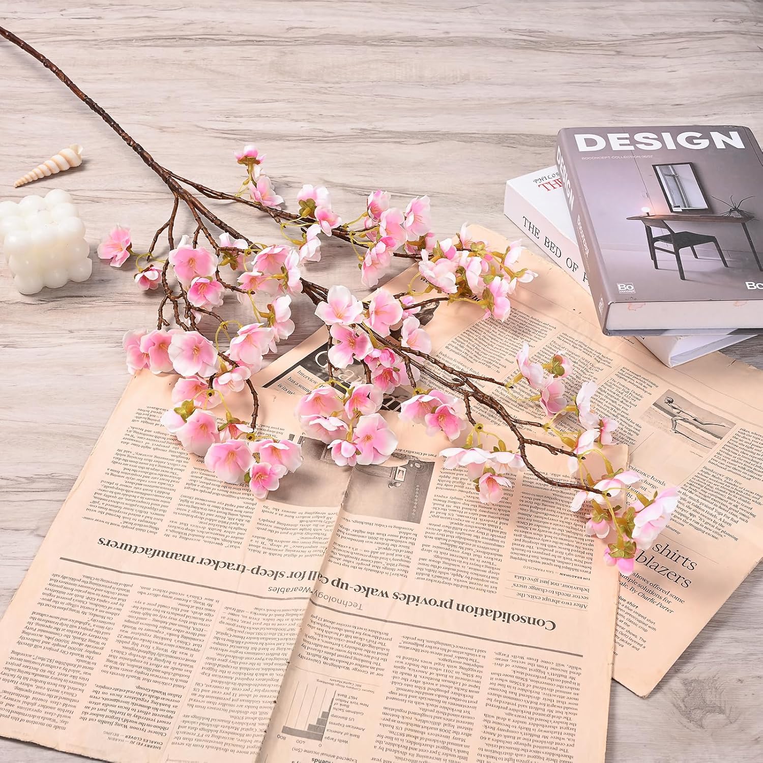 Sunm Boutique White Cherry Blossom Flowers, Artificial Cherry Blossom Decor Faux Cherry Blossom Branches Vase Arrangements for Wedding Home Party Kitchen Decor, Set of 3