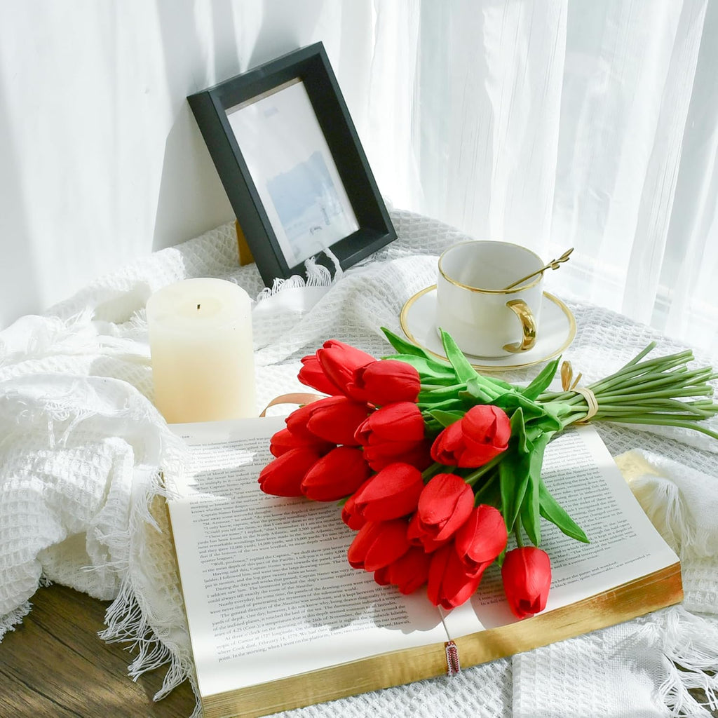 Mandy's 20pcs Pure White Flowers Artificial Tulip Silk Flowers 13.5" in Bulk Home Kitchen Wedding Decorations