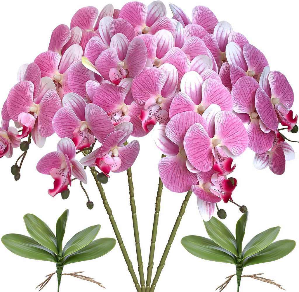 FagusHome 32 Inches Artificial Phalaenopsis Flowers 4 Pcs with 2 bundles Leaves Artificial Orchid Flowers Stem Plants for Home Décor (White)