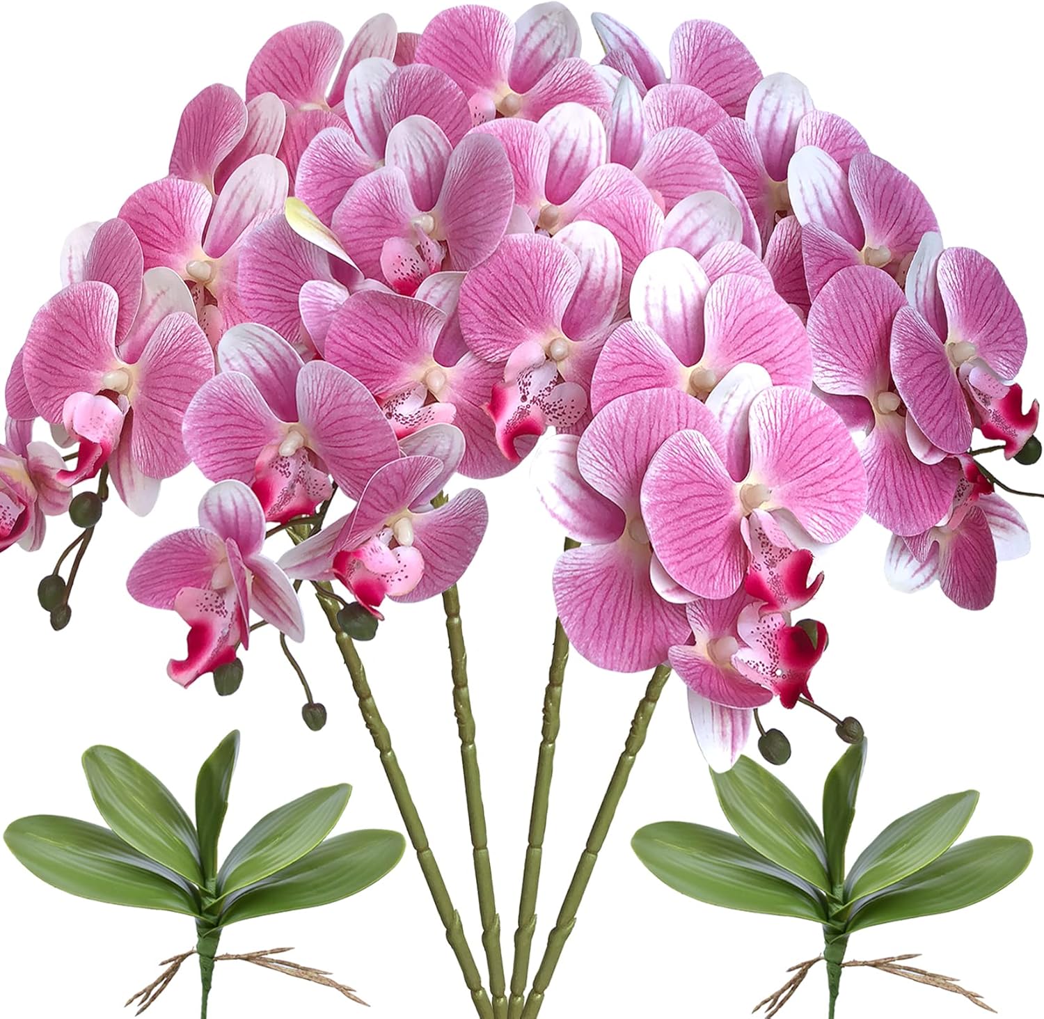 FagusHome 32 Inches Artificial Phalaenopsis Flowers 4 Pcs with 2 bundles Leaves Artificial Orchid Flowers Stem Plants for Home Décor (White)