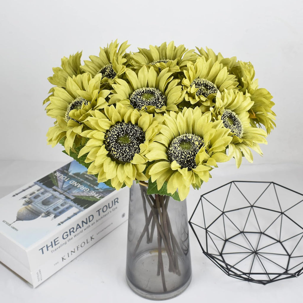 WISTART 8pcs Artificial Sunflower Flowers Long Stem Large Silk Sunflowers Bridal Wedding Bouquet Fake Yellow Flower Arrangements for Outdoor