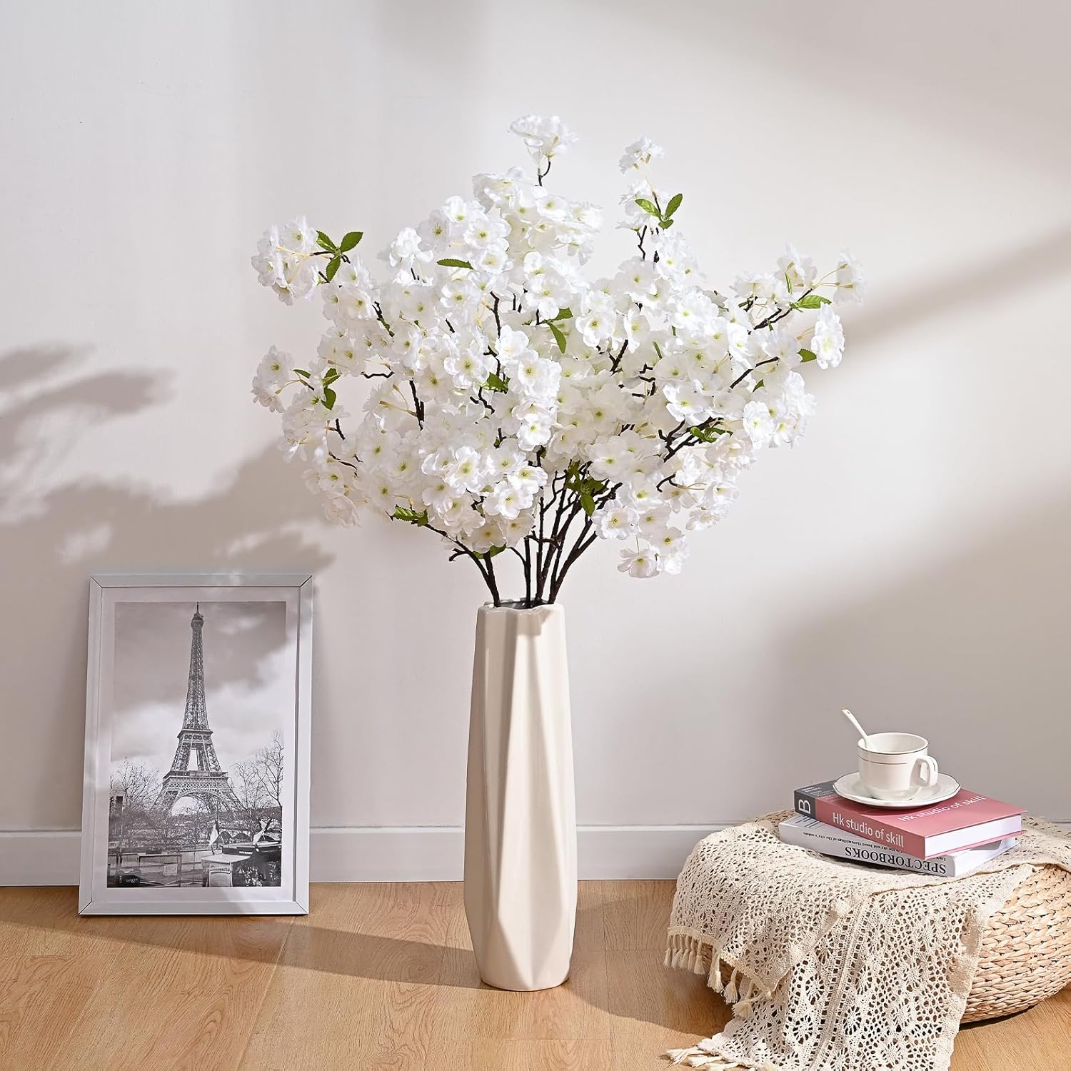 Sunm Boutique White Cherry Blossom Flowers, Artificial Cherry Blossom Decor Faux Cherry Blossom Branches Vase Arrangements for Wedding Home Party Kitchen Decor, Set of 3