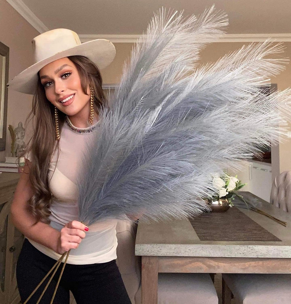 VOULUX Extra Large Tall Blue Fake Faux Artificial Pampas Grass Large Fluffy x3 115cm Stems x18 Decorative Artificial Flora Feathers For Floor Vases Tall Blue Plant Flowers Long Pampas Grass