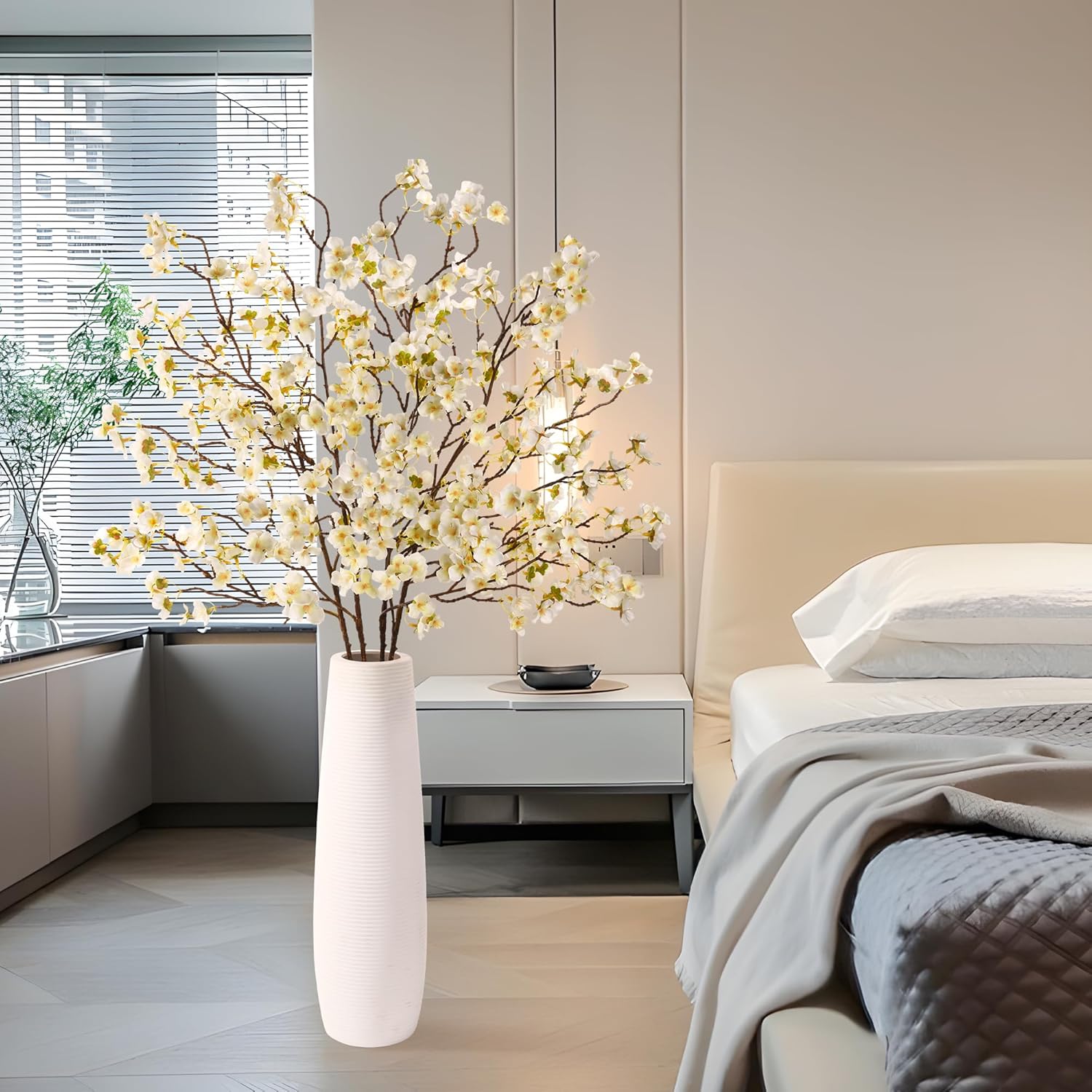 florisso Cherry Blossom Branches, Faux Peach Blossom Flowers, Artificial Plum Branches Real Touch Silk for Party Home Decor Wedding Arrangements (4PCS, White, 41")