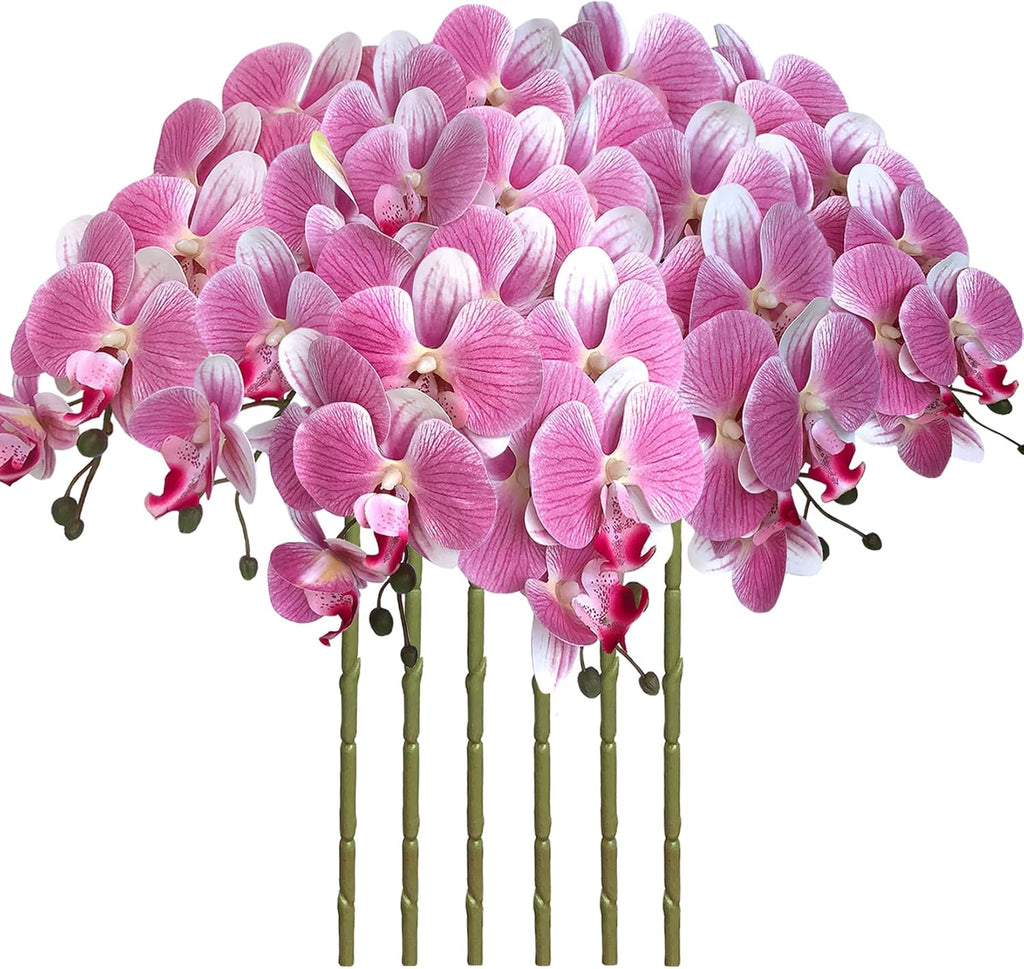 FagusHome 32" Artificial Phalaenopsis Flowers 6 Pcs with 4 Bundles Leaves Artificial Orchid Flowers Stem Plants for Home Décor (6Pcs)