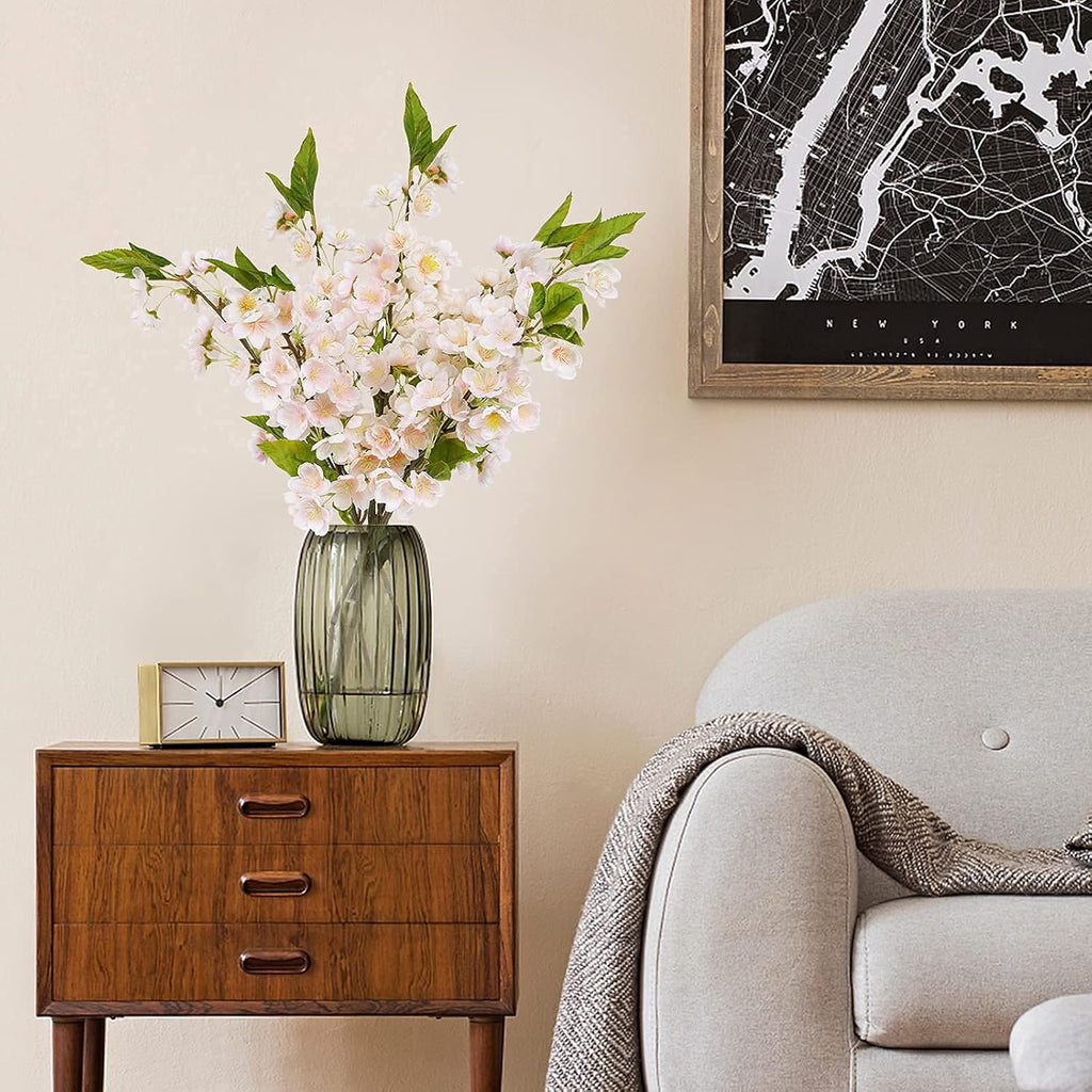 Sunm Boutique White Cherry Blossom Flowers, Artificial Cherry Blossom Decor Faux Cherry Blossom Branches Vase Arrangements for Wedding Home Party Kitchen Decor, Set of 3