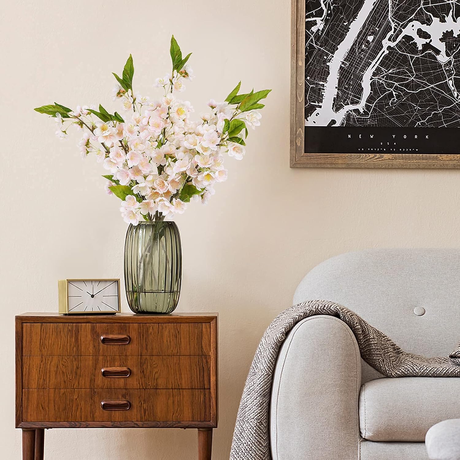 Sunm Boutique White Cherry Blossom Flowers, Artificial Cherry Blossom Decor Faux Cherry Blossom Branches Vase Arrangements for Wedding Home Party Kitchen Decor, Set of 3