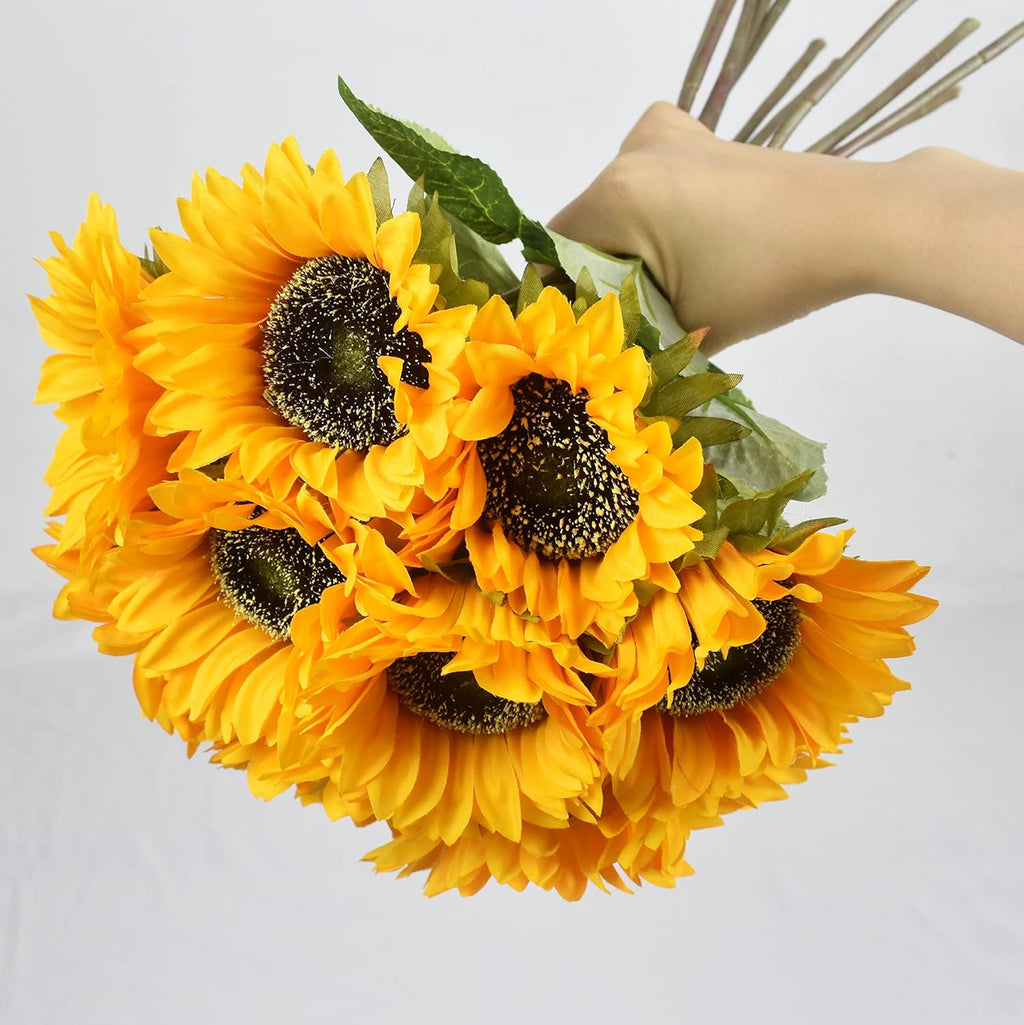 WISTART 8pcs Artificial Sunflower Flowers Long Stem Large Silk Sunflowers Bridal Wedding Bouquet Fake Yellow Flower Arrangements for Outdoor
