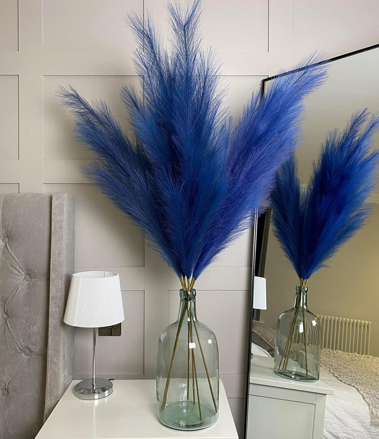 VOULUX Extra Large Tall Blue Fake Faux Artificial Pampas Grass Large Fluffy x3 115cm Stems x18 Decorative Artificial Flora Feathers For Floor Vases Tall Blue Plant Flowers Long Pampas Grass