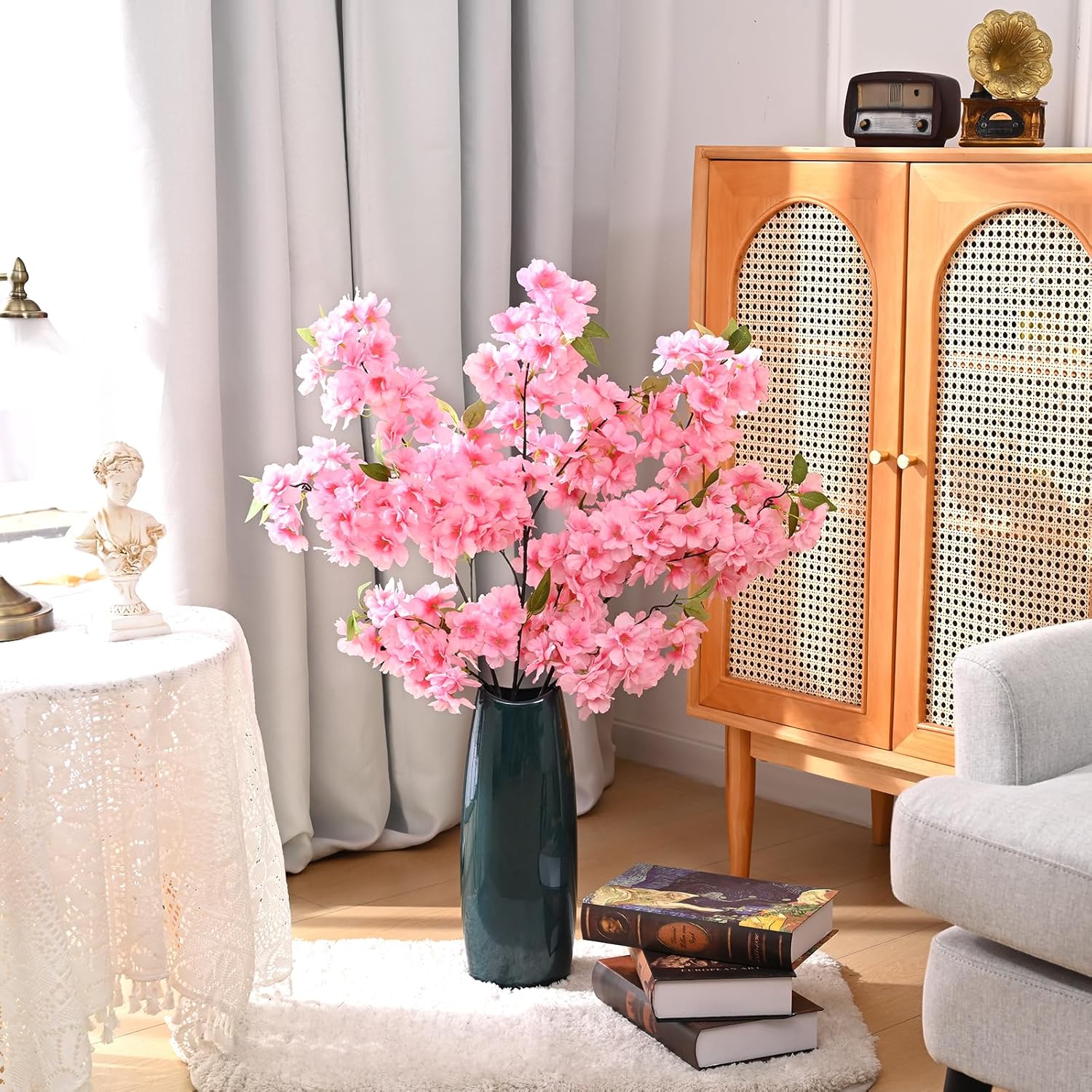 Sunm Boutique White Cherry Blossom Flowers, Artificial Cherry Blossom Decor Faux Cherry Blossom Branches Vase Arrangements for Wedding Home Party Kitchen Decor, Set of 3