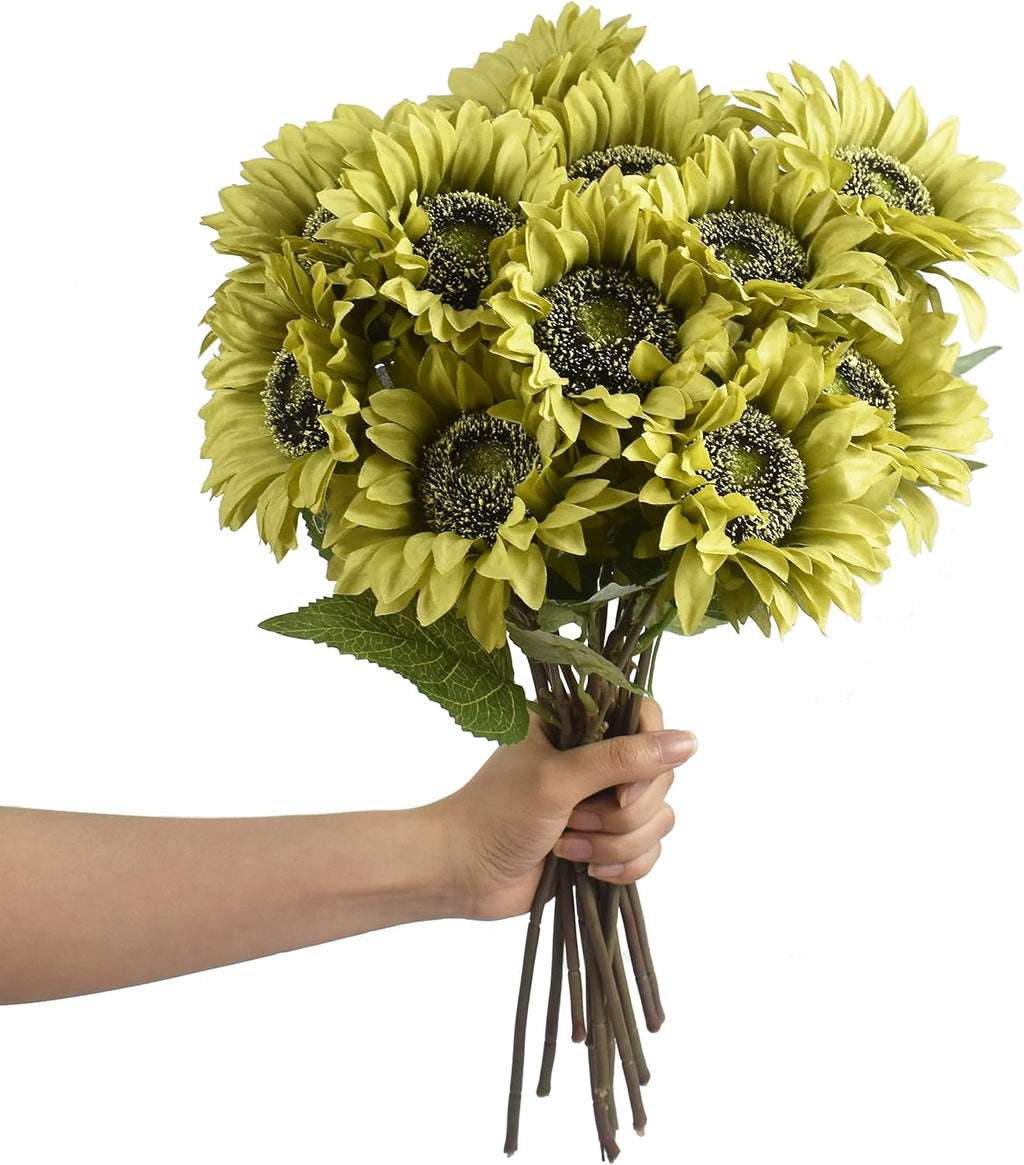 WISTART 8pcs Artificial Sunflower Flowers Long Stem Large Silk Sunflowers Bridal Wedding Bouquet Fake Yellow Flower Arrangements for Outdoor