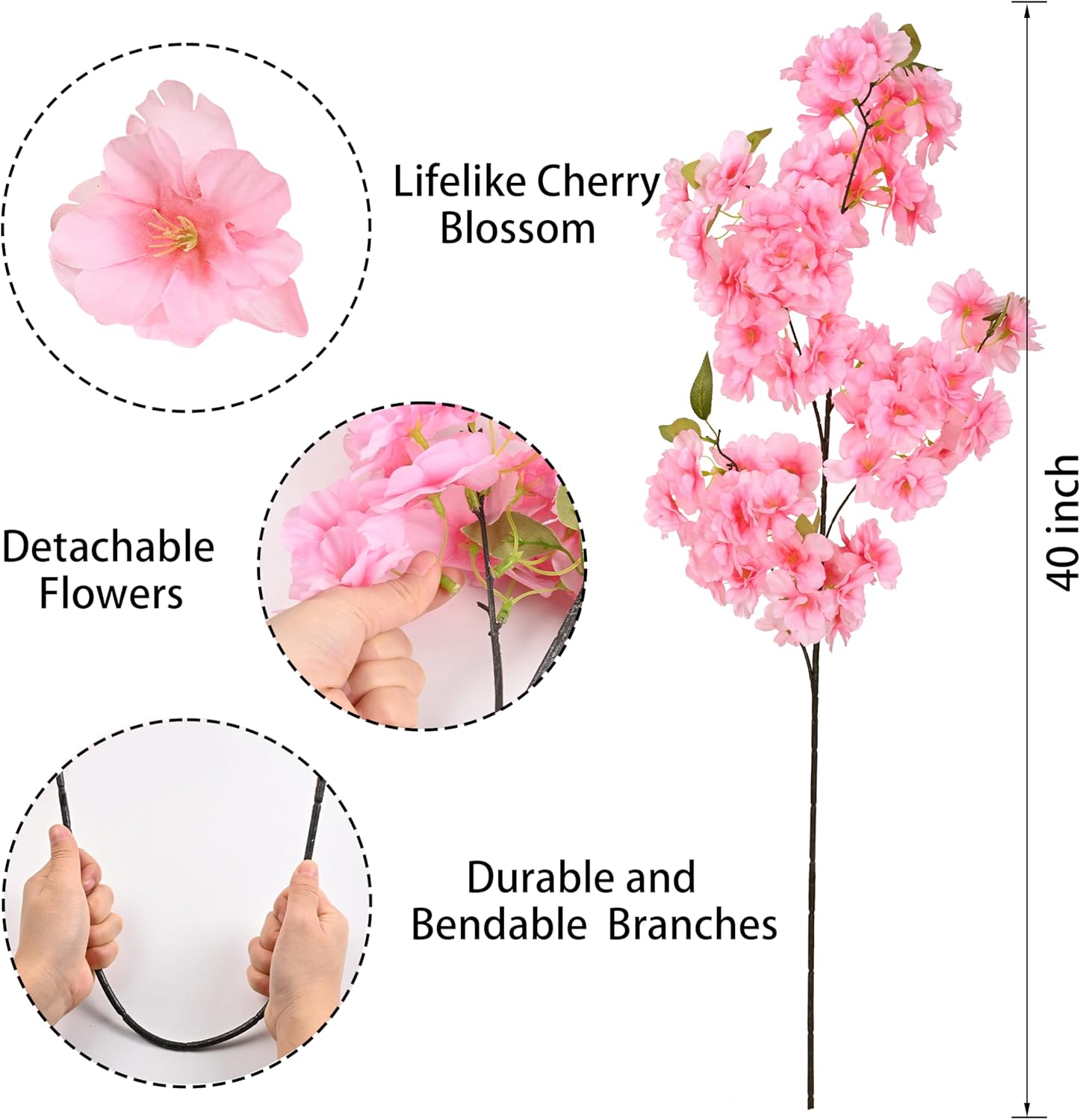 Sunm Boutique White Cherry Blossom Flowers, Artificial Cherry Blossom Decor Faux Cherry Blossom Branches Vase Arrangements for Wedding Home Party Kitchen Decor, Set of 3