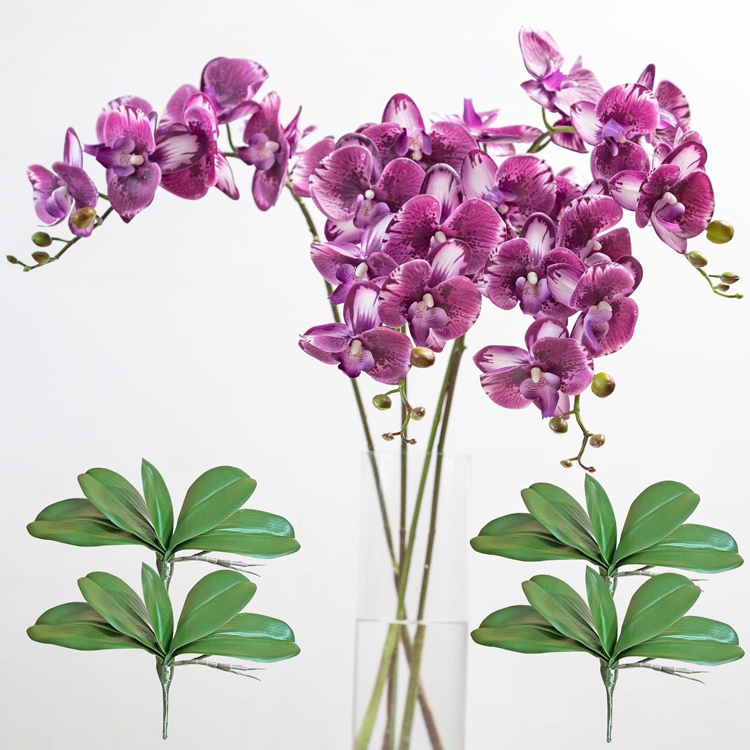 DUYONE 35 Inch Artificial Butterfly Orchid Flowers 4 Pcs with 4 Bundles Leaves Artificial Orchid Flowers Stem Plants for Home Décor (Light Purple 4pcs)