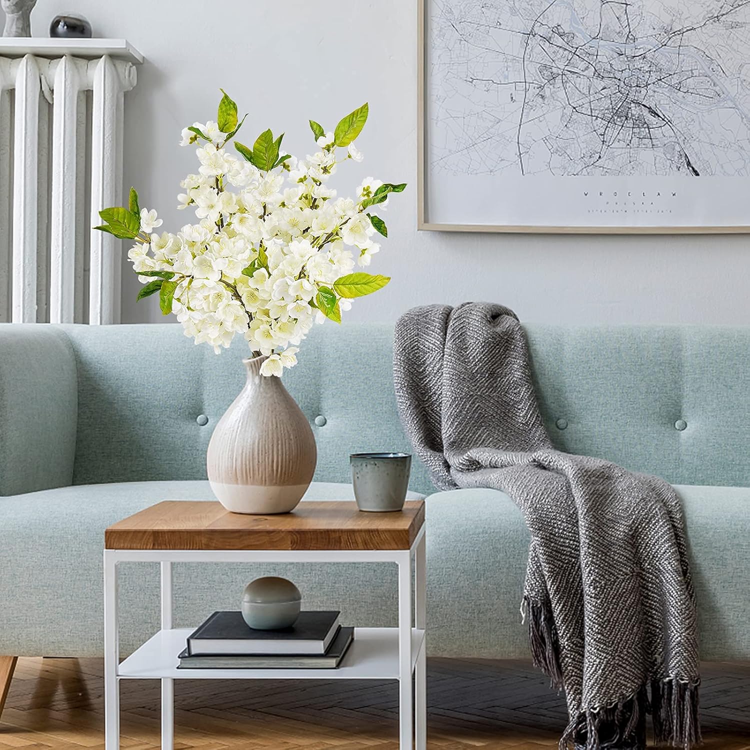 Sunm Boutique White Cherry Blossom Flowers, Artificial Cherry Blossom Decor Faux Cherry Blossom Branches Vase Arrangements for Wedding Home Party Kitchen Decor, Set of 3