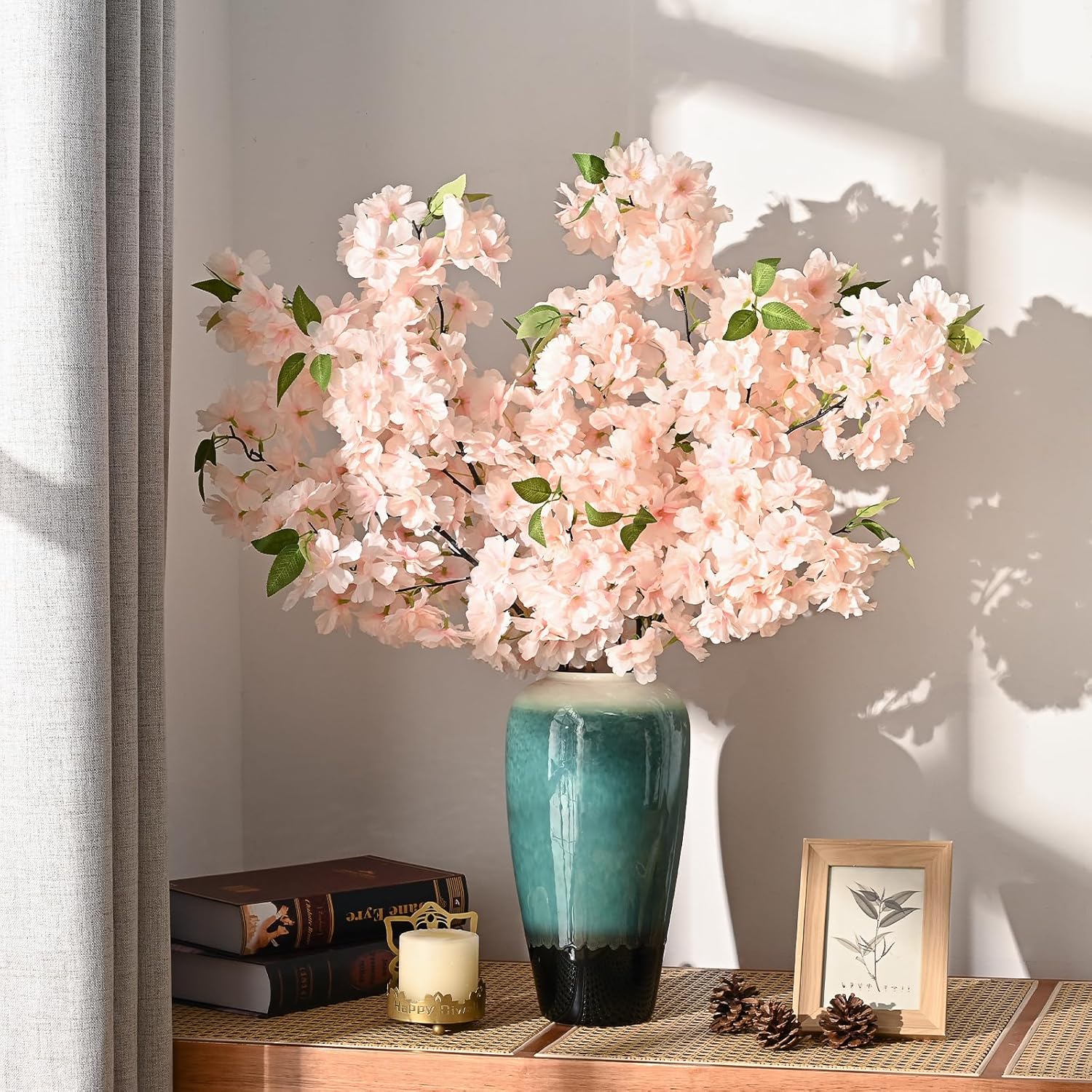 Sunm Boutique White Cherry Blossom Flowers, Artificial Cherry Blossom Decor Faux Cherry Blossom Branches Vase Arrangements for Wedding Home Party Kitchen Decor, Set of 3